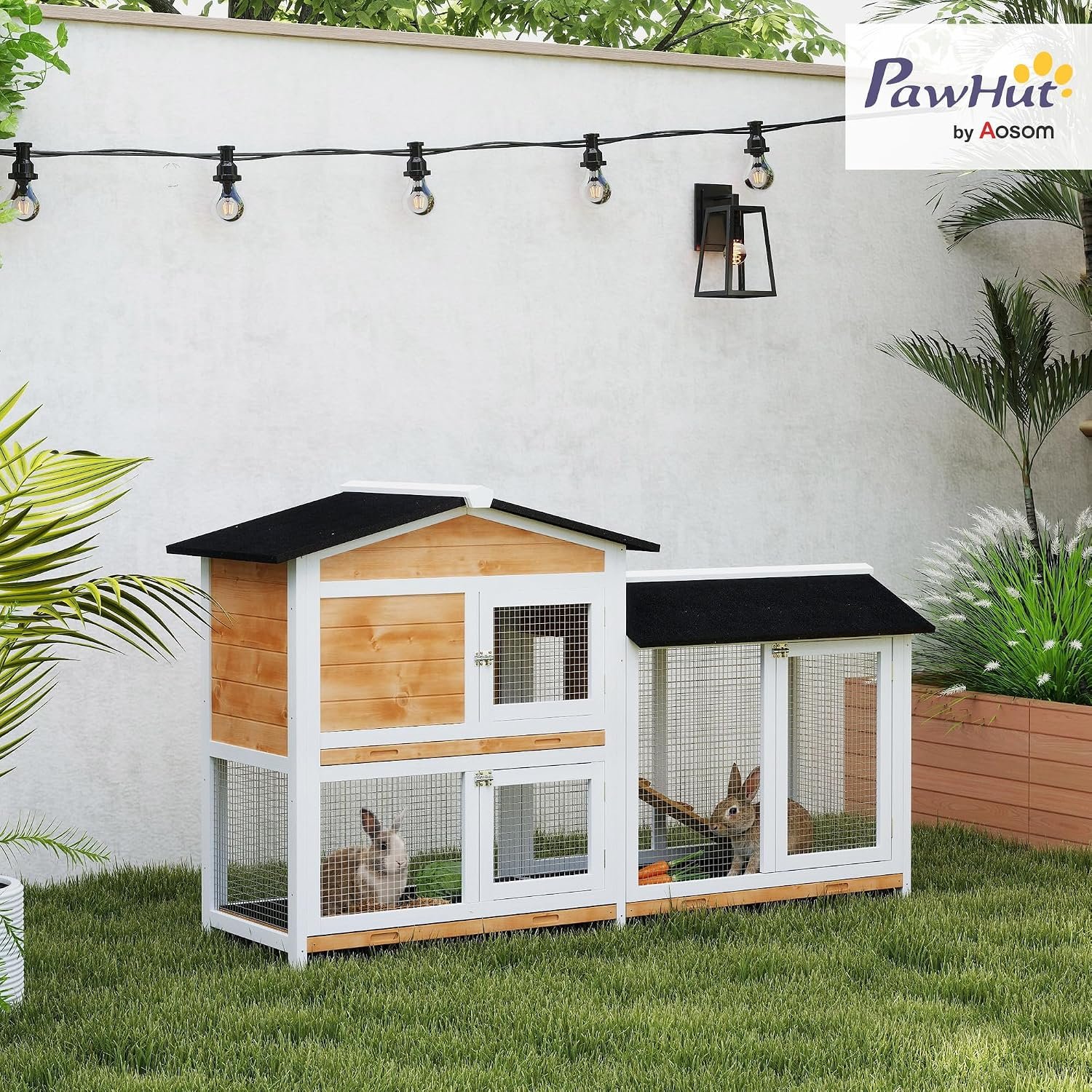 PawHut 62" Rabbit Hutch, Wooden Bunny Hutch, Guinea Pig Cage, Small Animal Enclosure with Run Area, Removable Tray, Asphalt Roof, Lockable Doors and Ramp, Nature Wood | Wooden Bunny Hutch, Guinea Pig Cage, Small Animal Enclosure, Removable Tray, Asphalt Roof, Lockable Doors, Ramp for Ducks - Image 2