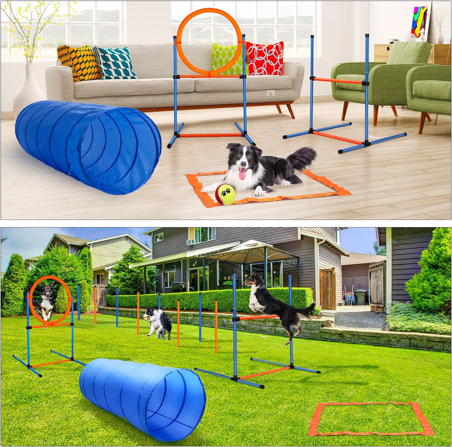 Dog Agility Training Equipment, 60-piece Dog Obstacle Course Training Starter Kit Pet Outdoor Game with Tunnel, Agility Hurdle, Weave Poles, Jump Ring, Pause Box, Toy Balls and Storage Bag - Image 3