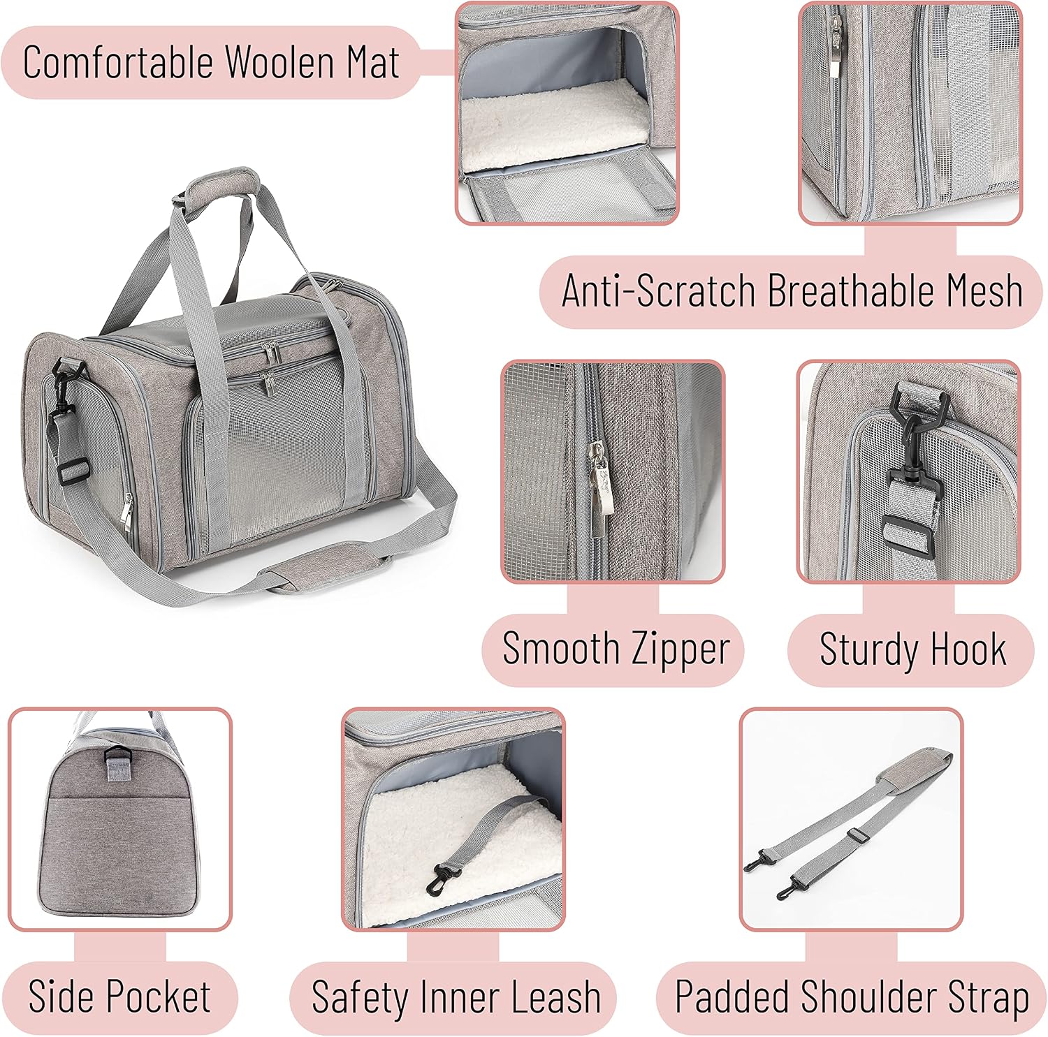 Mr. Pen- Pet Carrier, 17.5" x 11.2" x 11.5", Medium Size, Gray | Portable Travel Carrier for Small Pets, Cats & Small Dogs, Breathable Mesh, Safety Inner Leash - Image 3