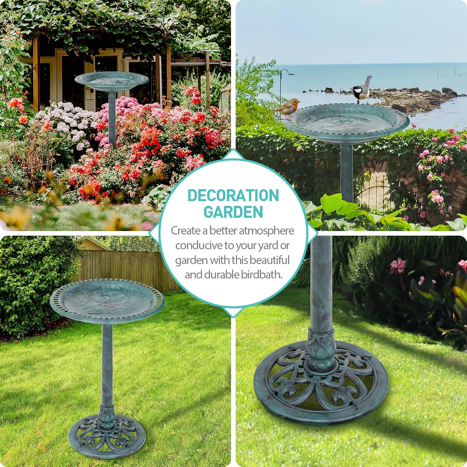 ZENY 28 Inch Height Polyresin Bird Bath Antique Outdoor Garden Decor Vintage Yard Art, Green - Image 2
