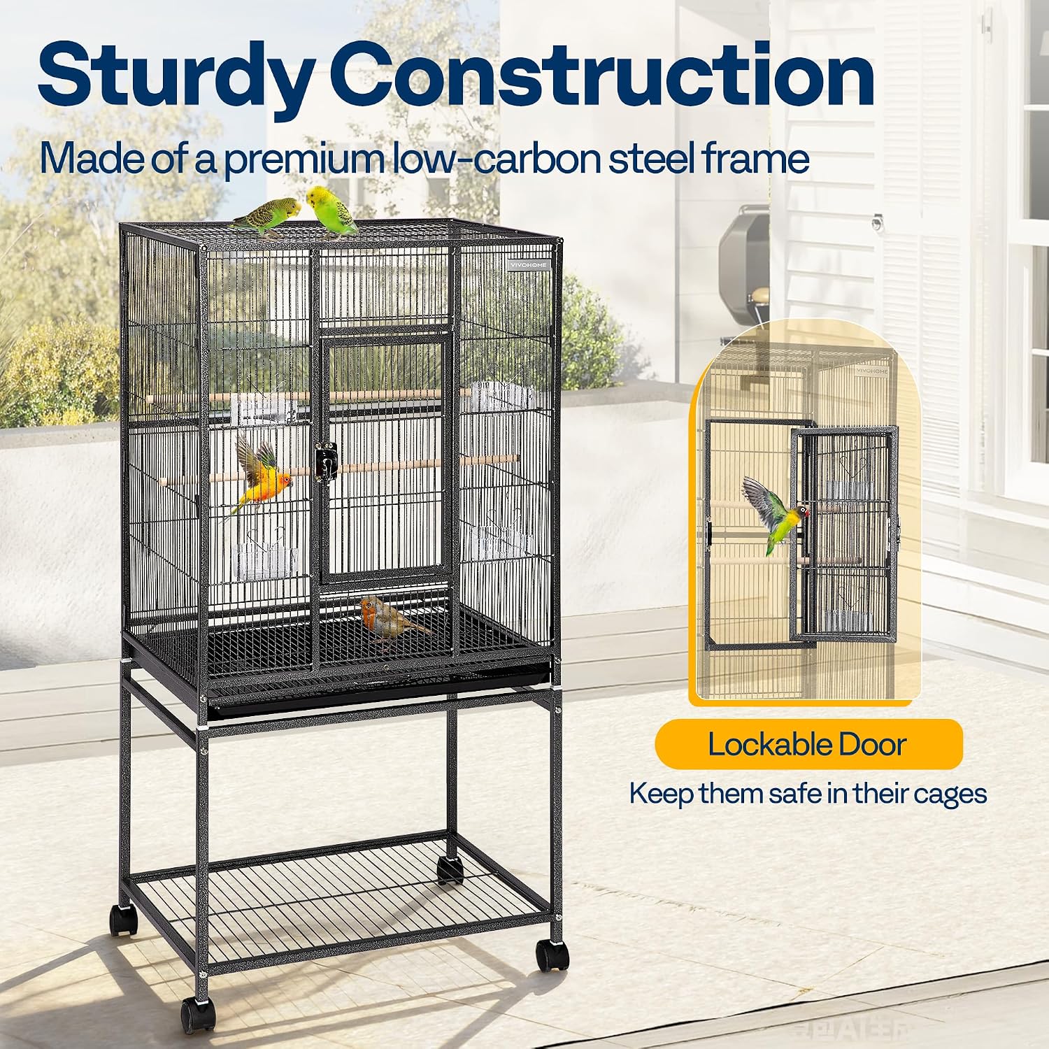 VIVOHOME 54 Inch Wrought Iron Large Bird Cage with Rolling Stand | Bird Flight Cage with Stand, Casters, Slide-out Tray for Parakeets Canaries Parrot Cockatiels Lovebirds Conures, Black - Image 5