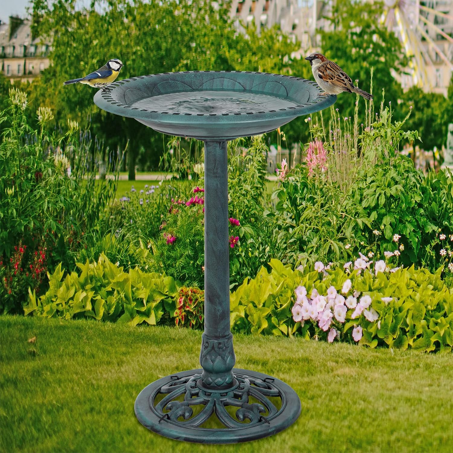 ZENY 28 Inch Height Polyresin Bird Bath Antique Outdoor Garden Decor Vintage Yard Art, Green - Image 9