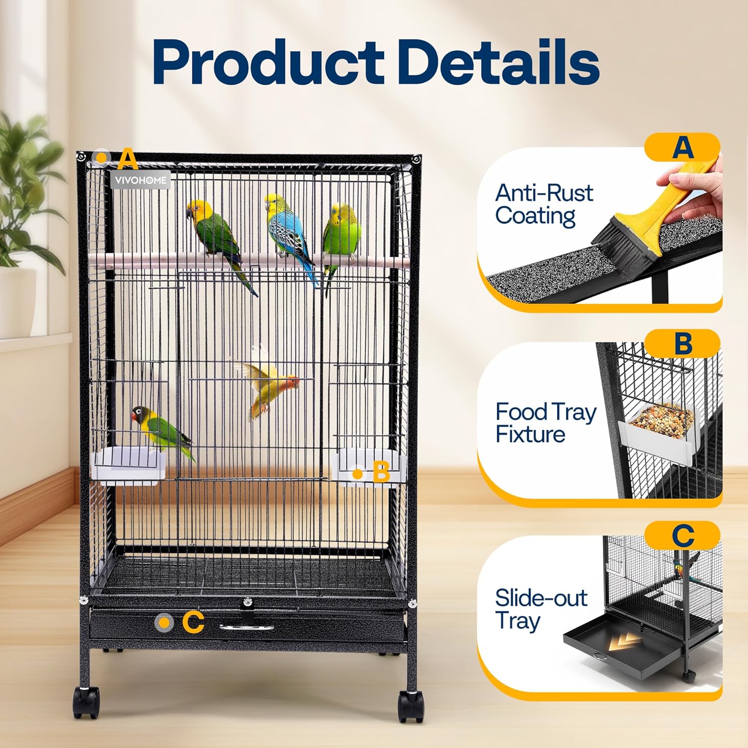 VIVOHOME Wrought Iron Bird Cage with Rolling Stand, 30 Inch Height | Standing Bird Flight Cage with Casters, Slide-out Tray for Parakeets Cockatiels Lovebirds Canaries Finches Conures, Black - Image 3
