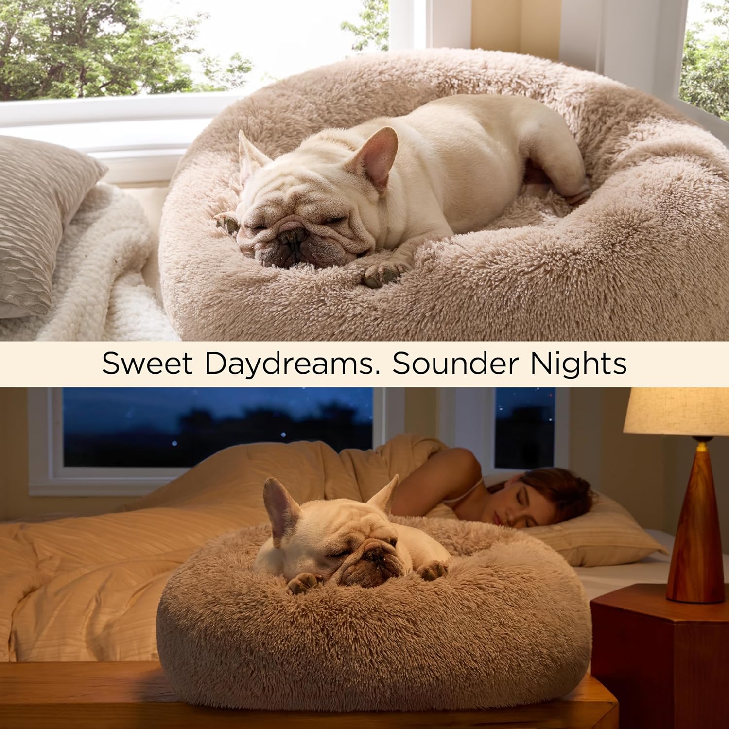 Bedsure Calming Small Dog Bed Donut Washable Cat&Puppy Bed,23 inches Camel | Fluffy Faux Fur Round Cuddler,Machine Washable,Anti-Slip Bottom,Anti-Anxiety,Deep Sleeping for Large Cat & Pets Up to 25 Lbs - Image 5