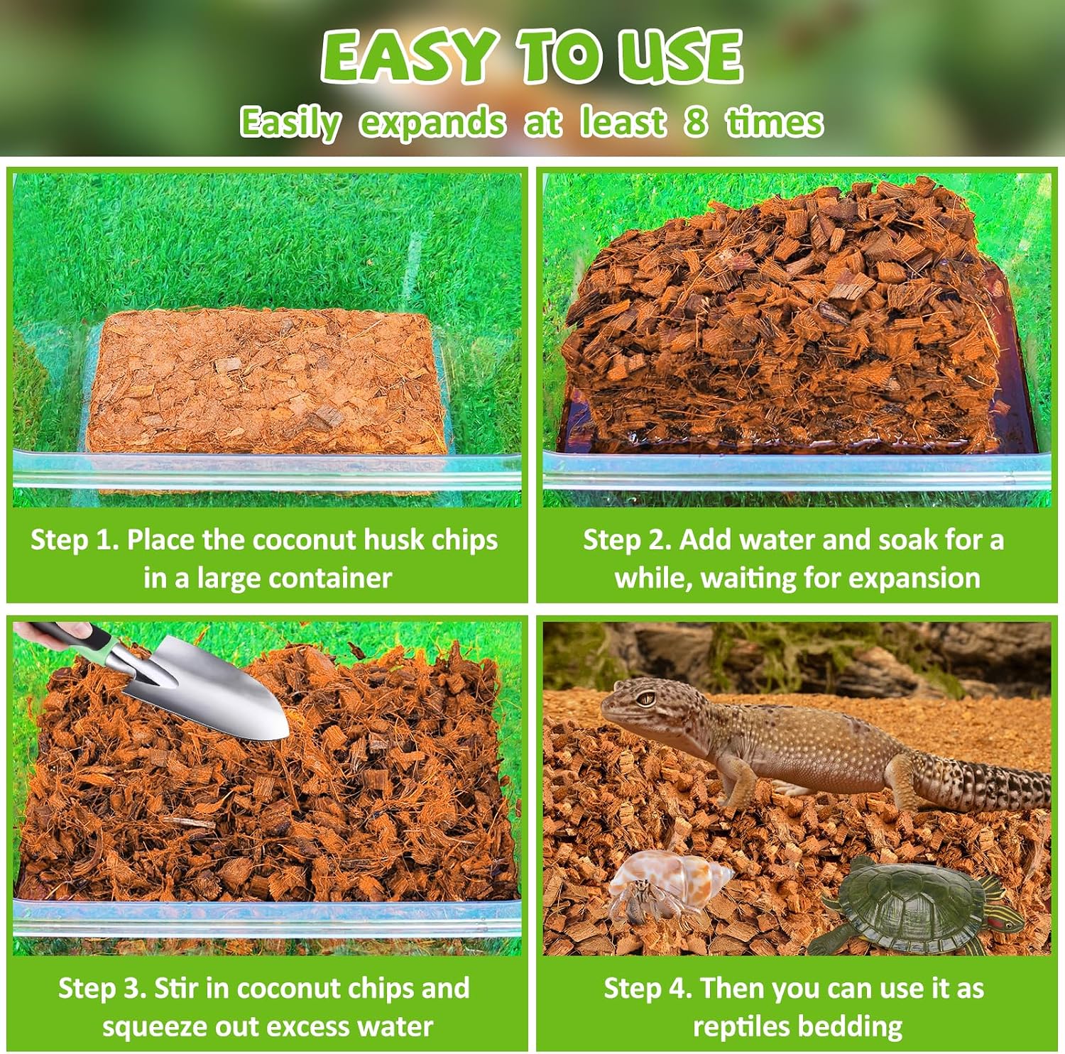 Legigo 4 Pack Coconut Chip Substrate for Reptiles, Natural Coco Husk Chip Reptiles Bedding, Compressed Coconut Chip Substrate for Snake, Tortoise, Ball Python, Gecko, Lizard Terrarium Tanks - Image 3