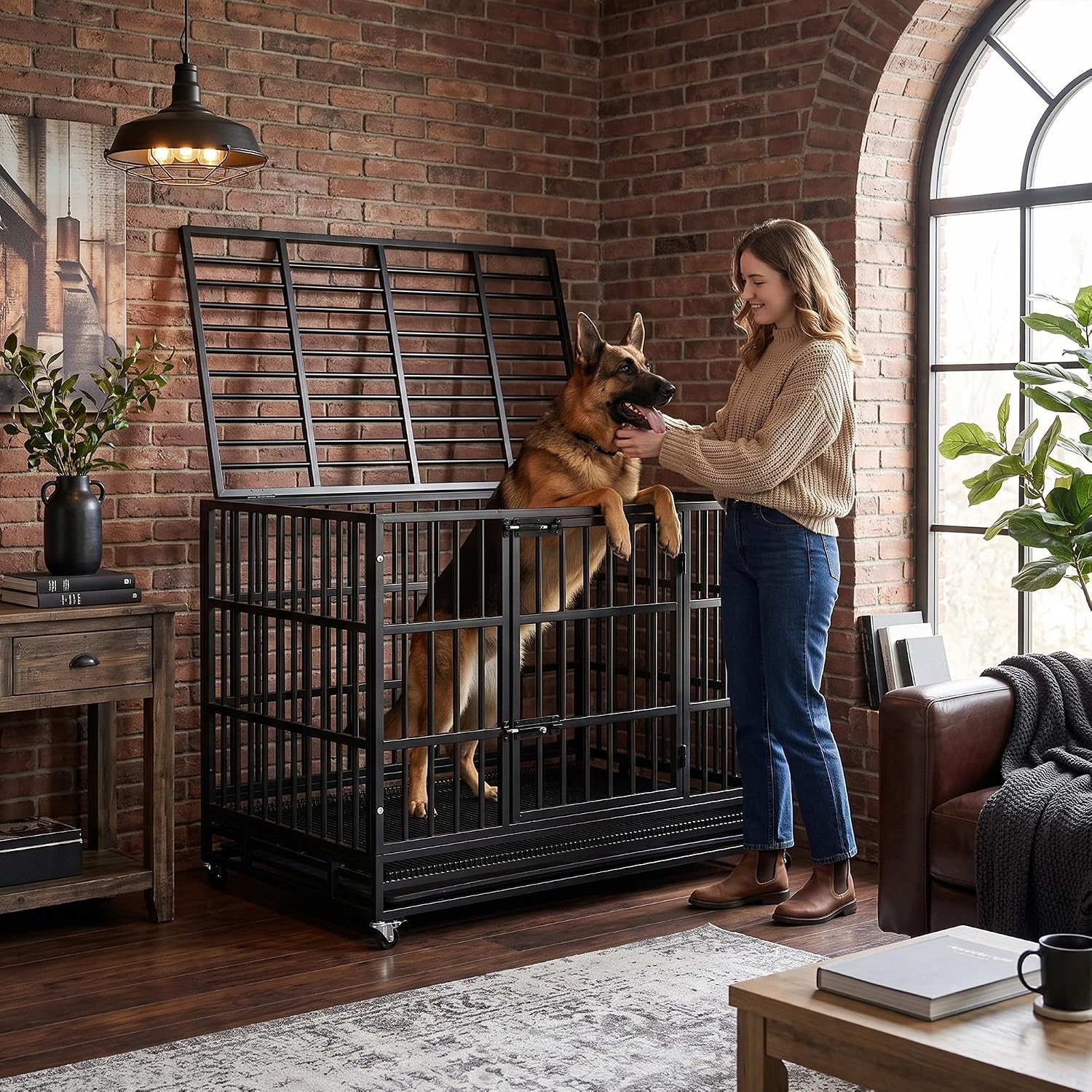 LEMBERI 48" Heavy Duty Dog Crate, Indestructible Escape-Proof Cage Kennel for Large Dogs, High Anxiety Dog Crate with Removable Wire Trays & Lockable Wheels, Extra Large XL XXL, Black - Image 2