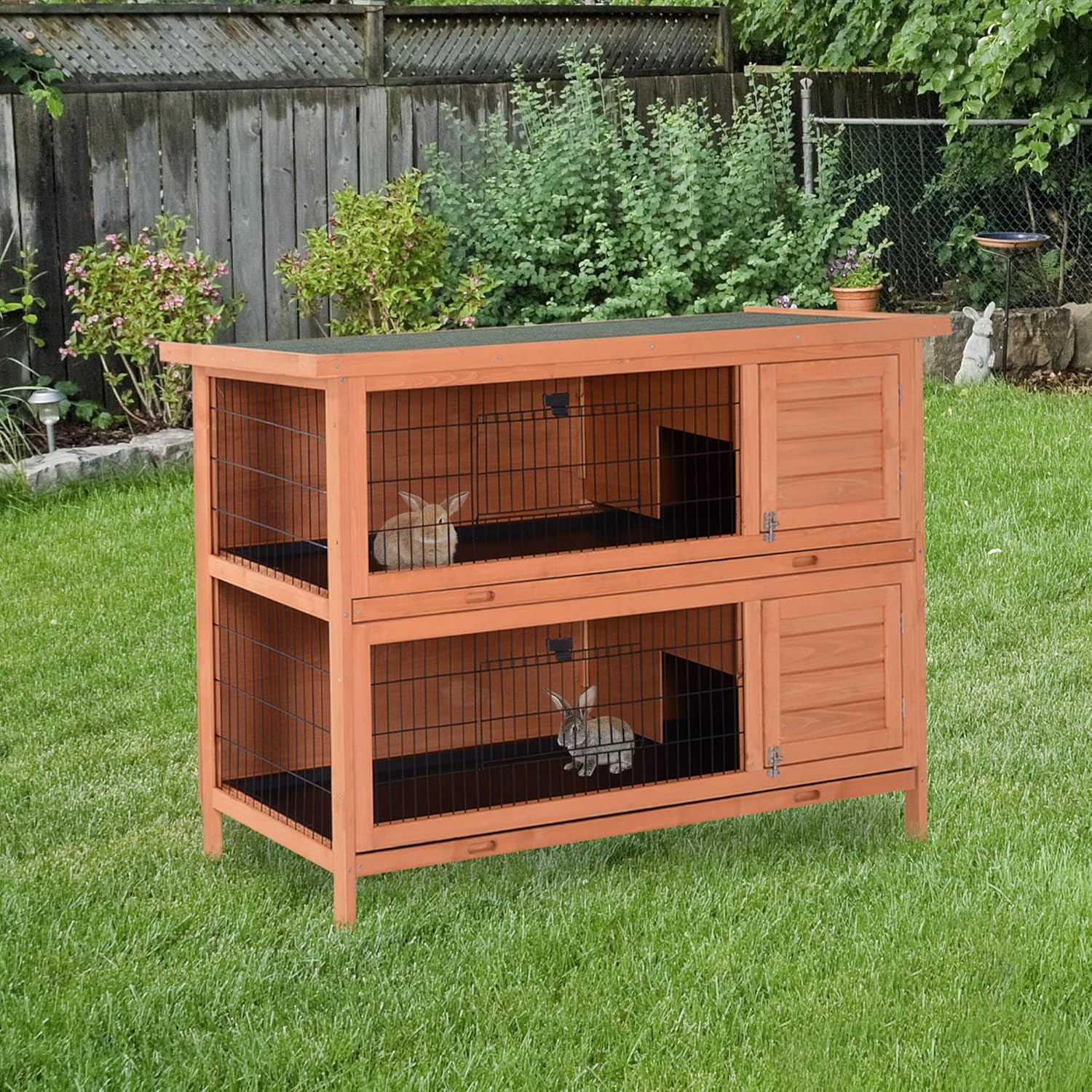 PawHut 54" 2-Story Large Rabbit Hutch Bunny Cage Wooden Pet House Small Animal Habitat with Lockable Doors, No Leak Tray and waterproof Roof for Outdoor/Indoor Orange - Image 2