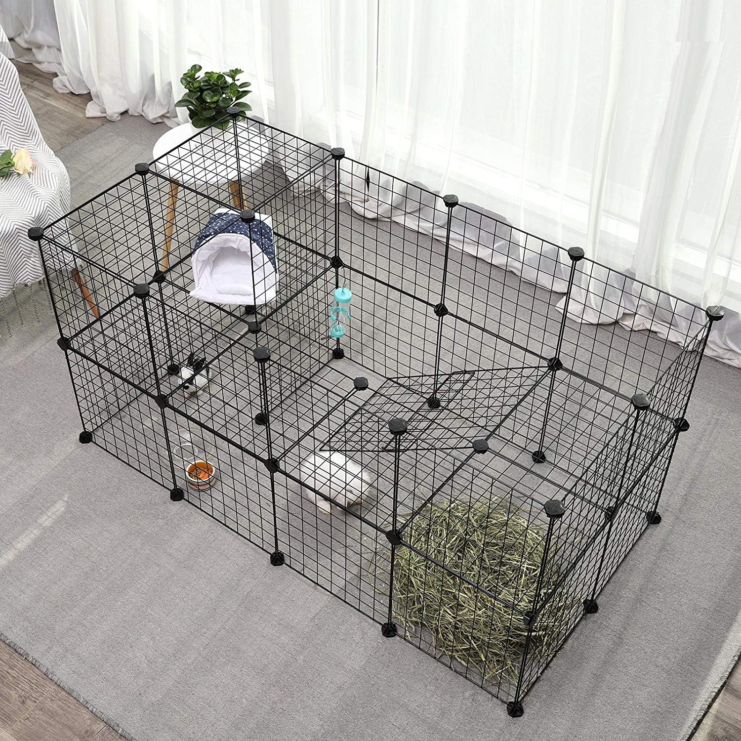 SONGMICS Pet Playpen, Small Animal Playpen, Rabbit Guinea Pig Cage, Zip Ties Included, Metal Wire Apartment-Style Two-Story Pet Premium Villa for Bunnies Puppies, Indoor Use, Black ULPI02H - Image 3