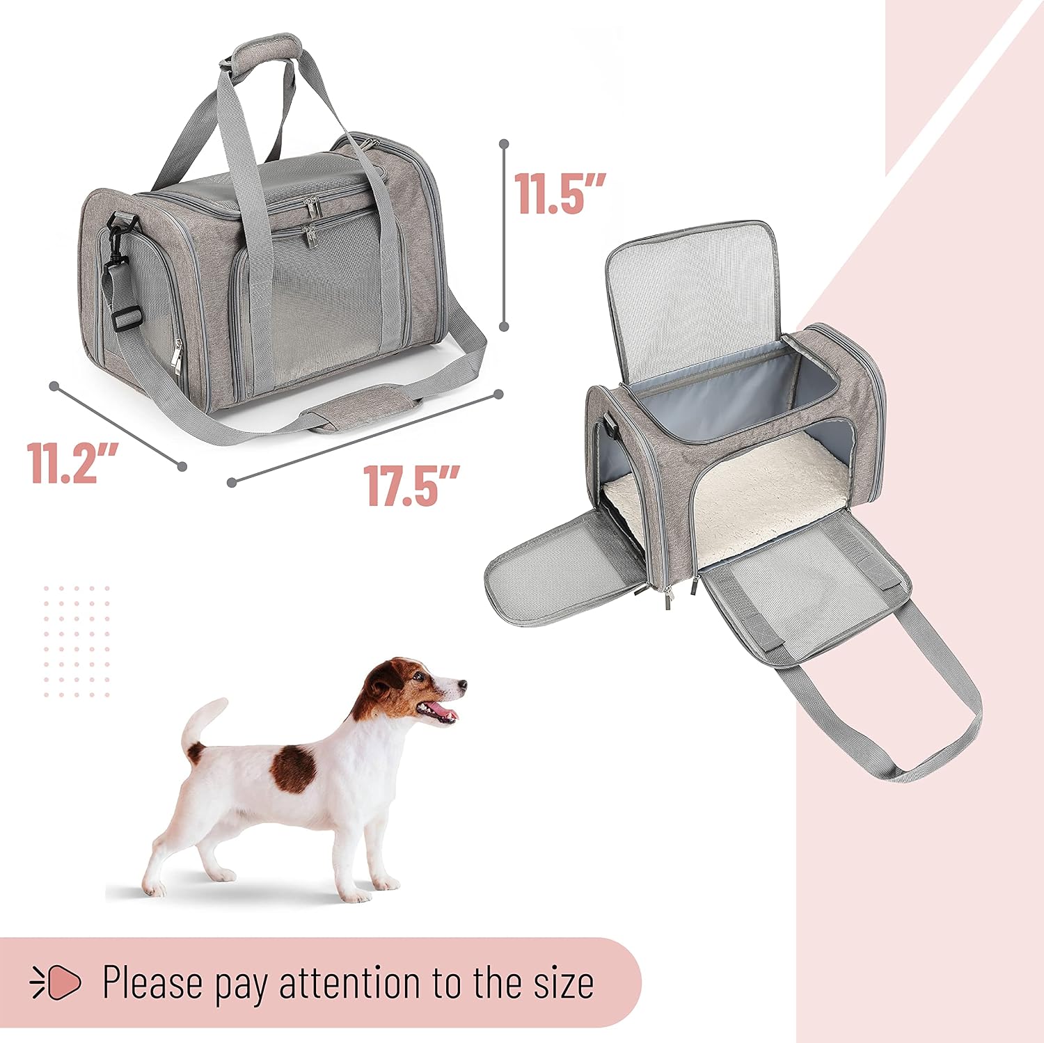 Mr. Pen- Pet Carrier, 17.5" x 11.2" x 11.5", Medium Size, Gray | Portable Travel Carrier for Small Pets, Cats & Small Dogs, Breathable Mesh, Safety Inner Leash - Image 2