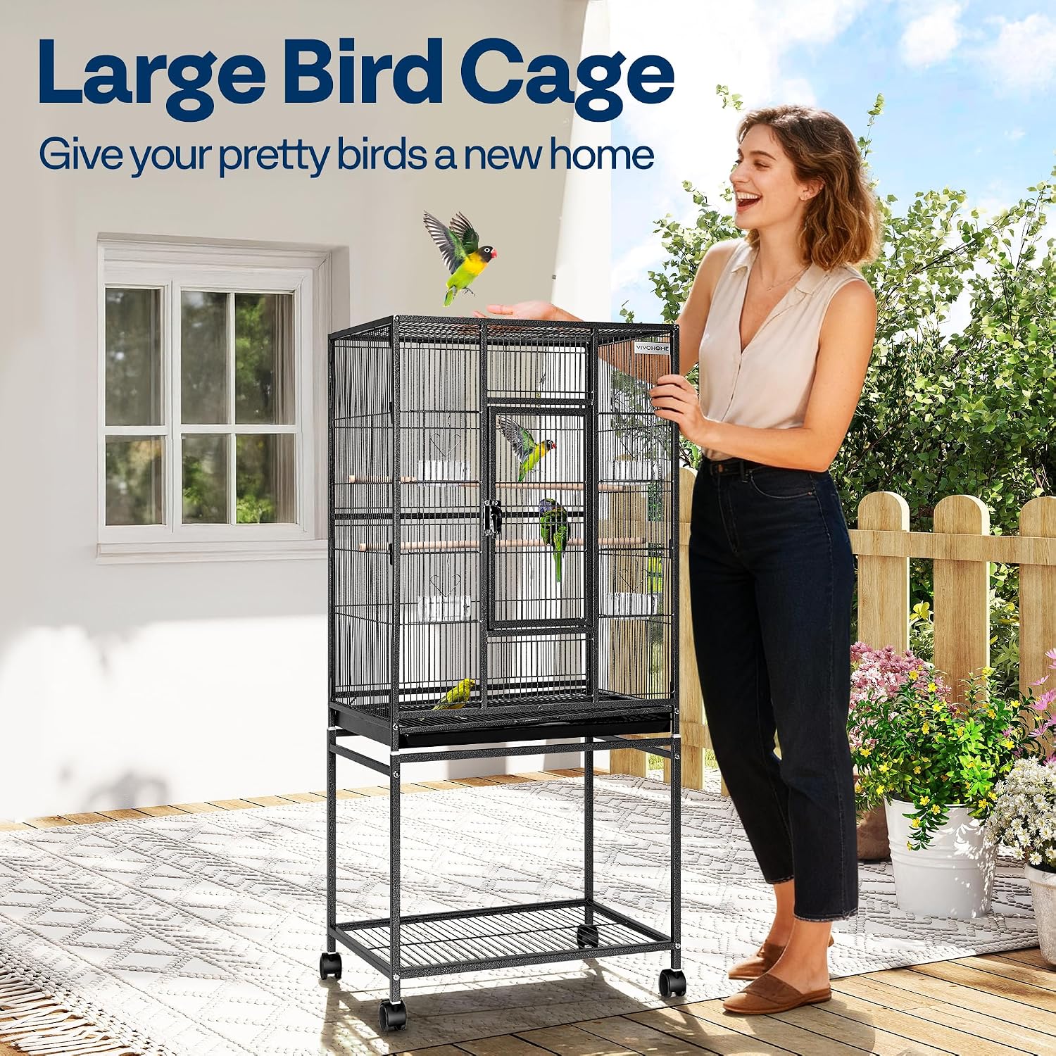 VIVOHOME 54 Inch Wrought Iron Large Bird Cage with Rolling Stand | Bird Flight Cage with Stand, Casters, Slide-out Tray for Parakeets Canaries Parrot Cockatiels Lovebirds Conures, Black - Image 2
