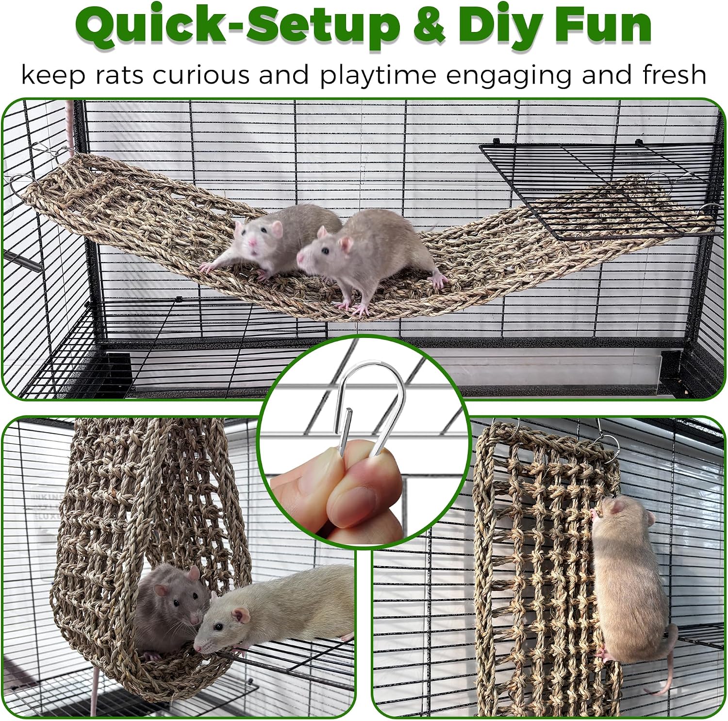 30x7inch Rat Climbing Toys for Cage, Chewable Natural Seagrass Mat | with Metal Hooks, Soft Fall Breakers for Rats, Rat Ladder Bridge Toy with Mild Grassy Scent, Rodent Hammock Cage Accessories - Image 2