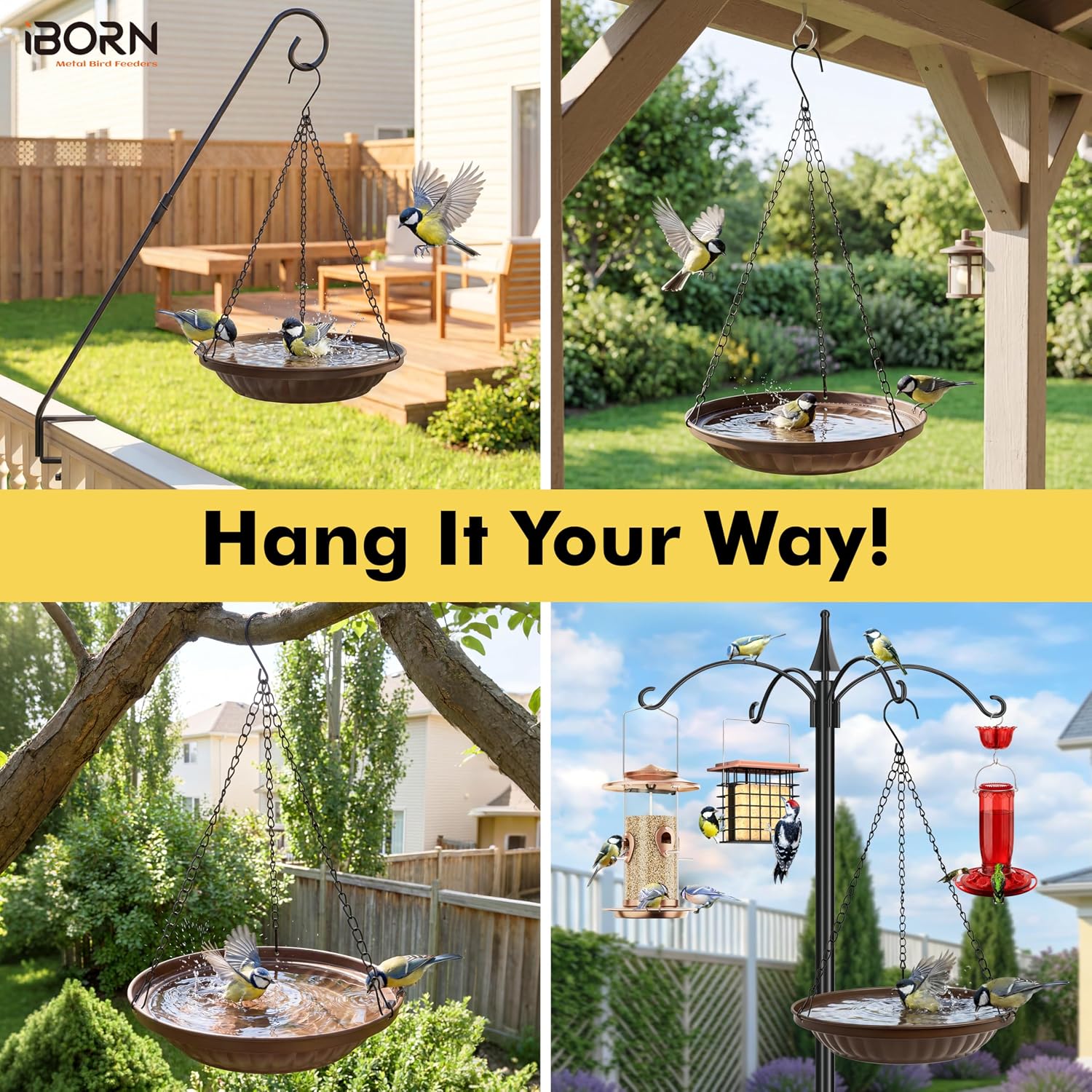iBorn Hanging Metal Bird Bath Feeder Tray, 1.5L All Metal Wild Birdbath for Outdoor Backyard Garden, Squirrel Chew Proof Rust Resistant for Wild Birds, Bronze, Pack of 1 - Image 3