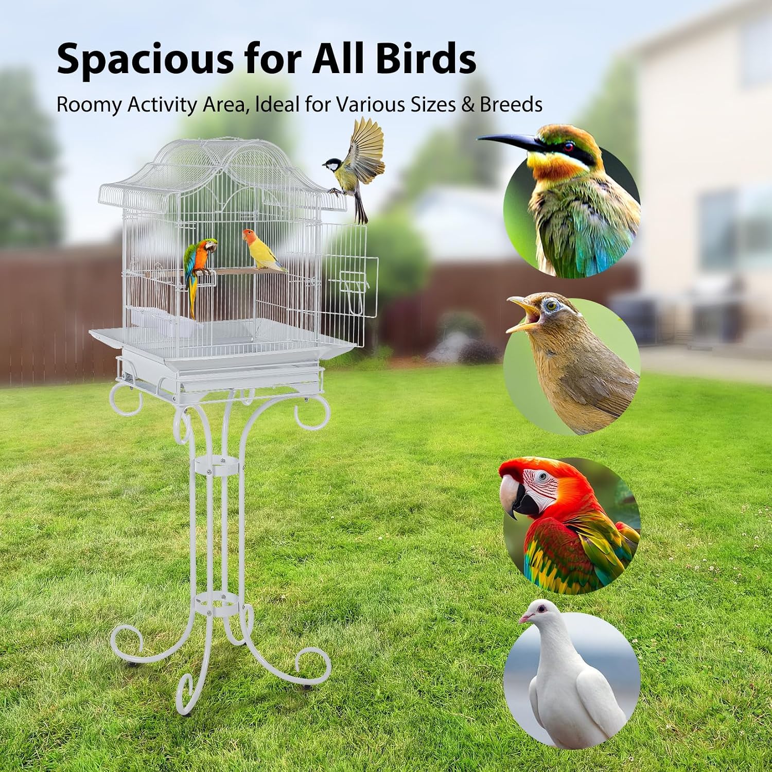 Decorative Metal Bird Cage with Stand, 57” Tall Spacious Aviary for Parrots, Canaries, Budgies, Removable Tray, 4 Bowls & Perches, Split Design with Portable Handle Keywords: - Image 5