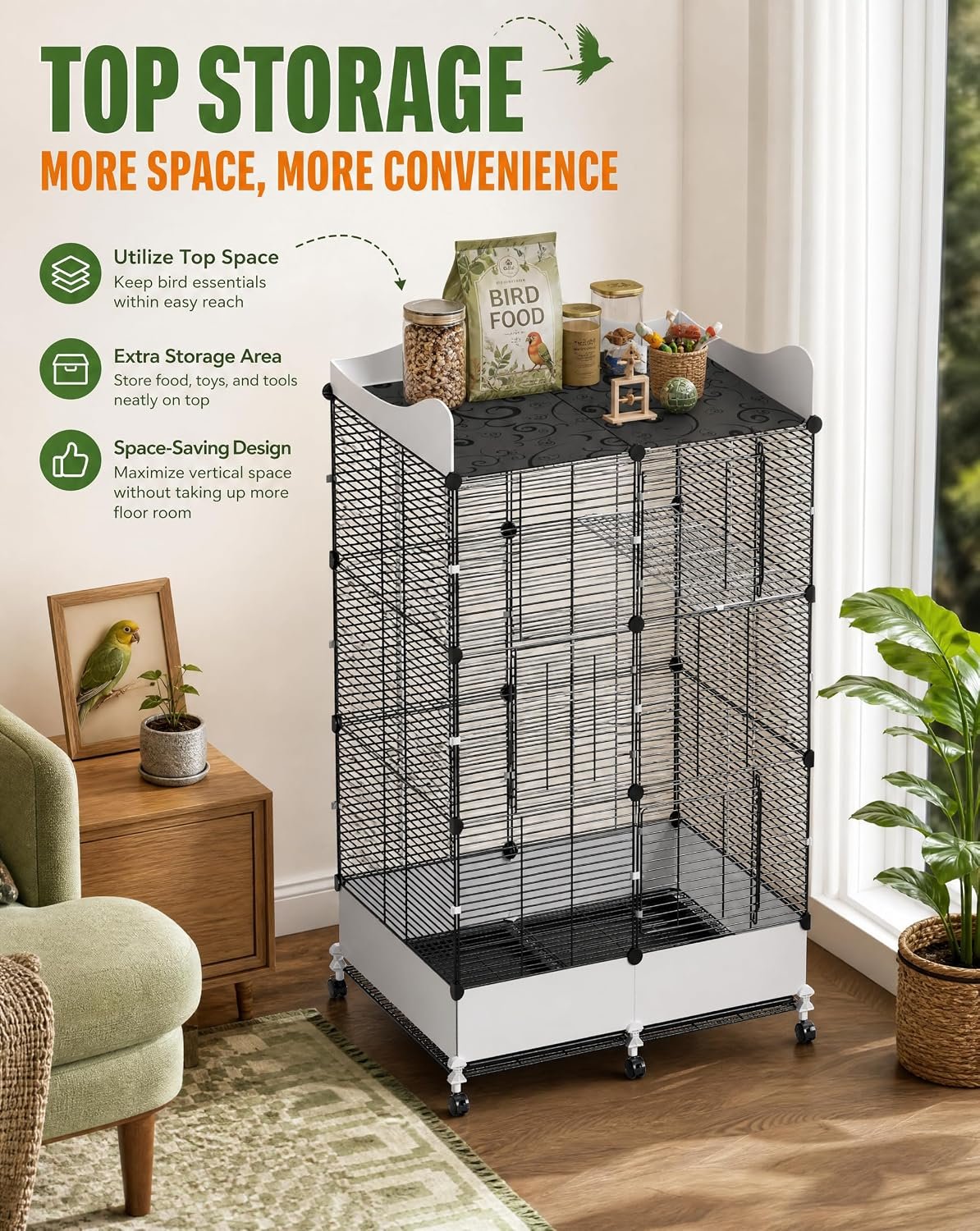 Encrypted Bird Cage Large Bird Cages 57-Inch, Top Storage Space, Bottom Splash Guard with Essential Bird Supplies – Durable & Spacious Aviary – Budgies & Cockatiels - Image 2