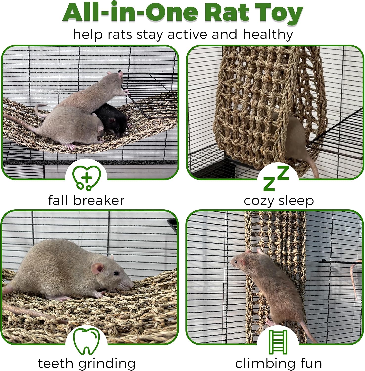 30x7inch Rat Climbing Toys for Cage, Chewable Natural Seagrass Mat | with Metal Hooks, Soft Fall Breakers for Rats, Rat Ladder Bridge Toy with Mild Grassy Scent, Rodent Hammock Cage Accessories - Image 4