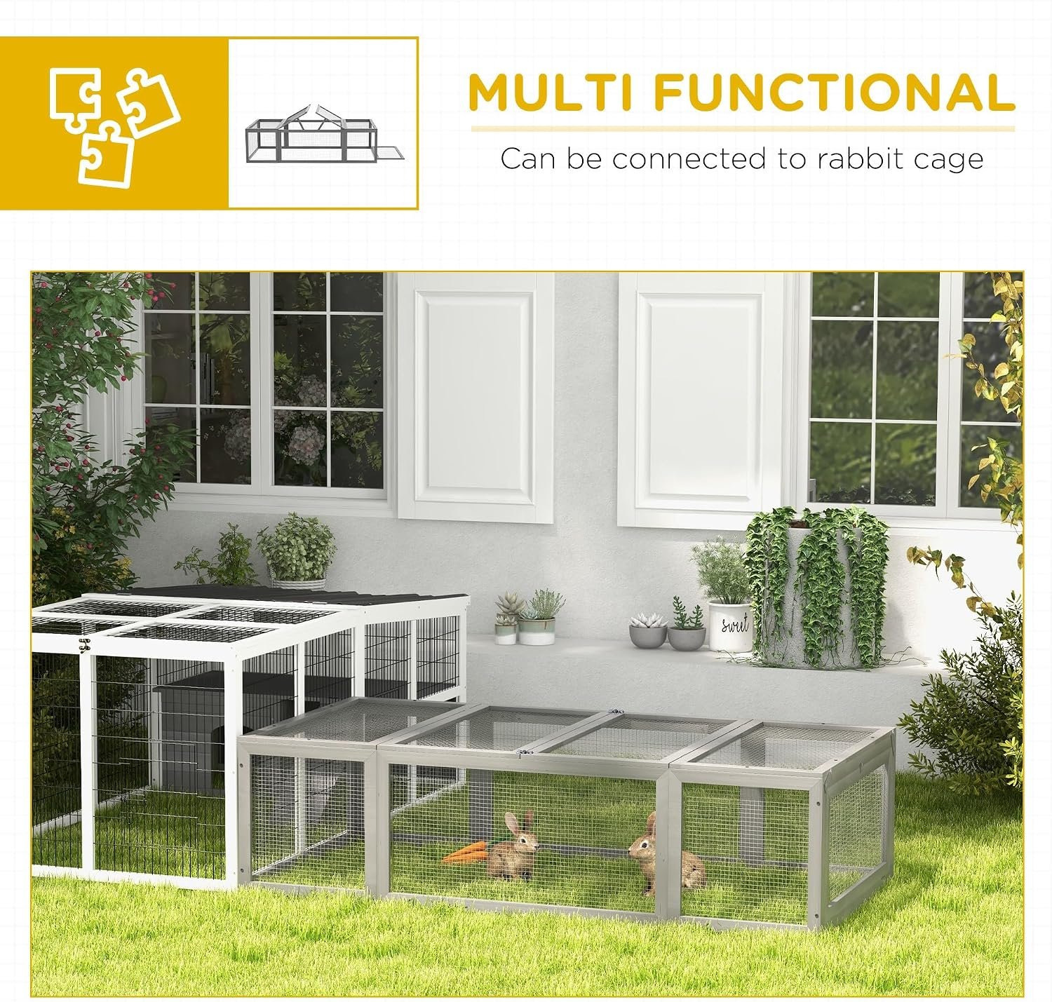 PawHut Large Wooden Rabbit Hutch Bunny Hutch Small Animal Habitat Enclosure Outdoor Run and Lockable Doors, Gray | Small Animal Habitat Enclosure Outdoor Run, Lockable Doors, for Chickens, Ducks - Image 5