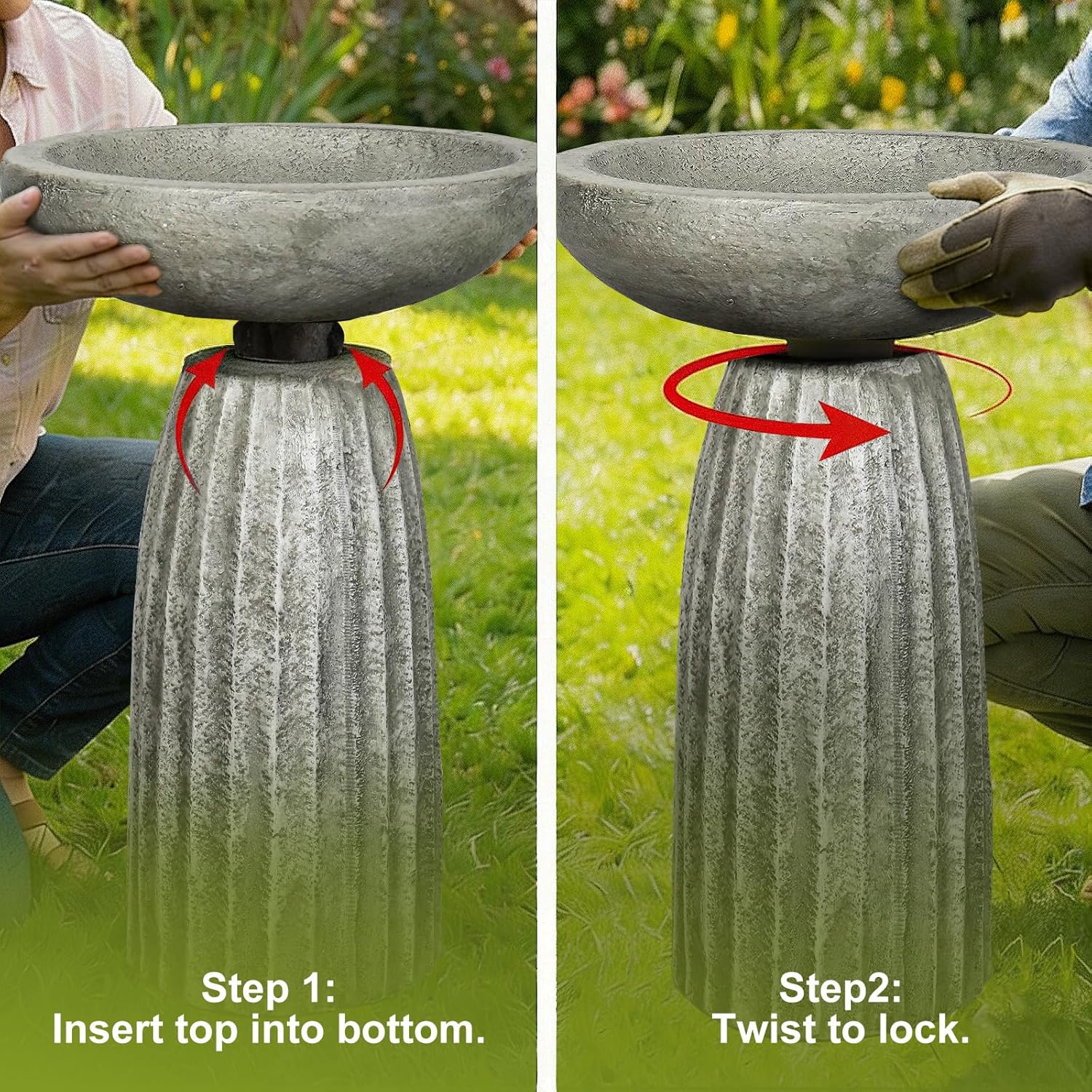 SKYFIRE 24.4" Pedestal Bird Bath for Outdoor, Geometric Fluted Concrete Birdbath with Tree Trunk Decor, Durable Fibre Reinforced Birdbath for Garden, Patio, Lawn & Backyard - Image 6