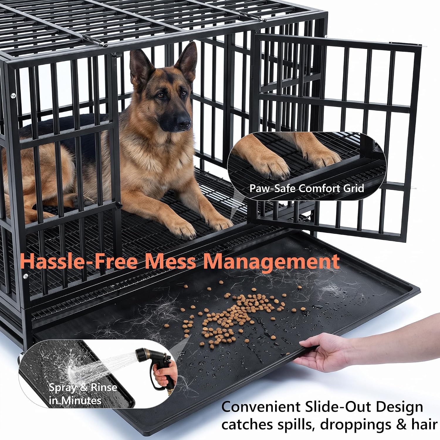 LEMBERI 48" Heavy Duty Dog Crate, Indestructible Escape-Proof Cage Kennel for Large Dogs, High Anxiety Dog Crate with Removable Wire Trays & Lockable Wheels, Extra Large XL XXL, Black - Image 5