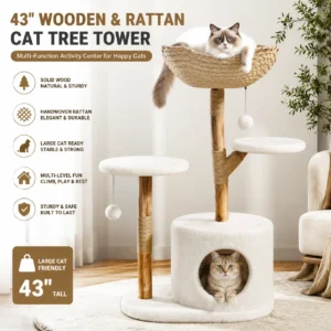 43 Inch Wooden Cat Tree Tower with Rattan, Large Cat Climbing Furniture, Multi-Level Activity Center with Perches, Sturdy Indoor Pet Furniture for Cats, Floor Mount
