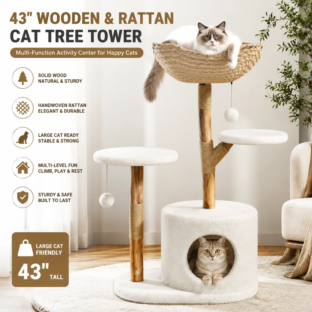 43 Inch Wooden Cat Tree Tower with Rattan, Large Cat Climbing Furniture, Multi-Level Activity Center with Perches, Sturdy Indoor Pet Furniture for Cats, Floor Mount
