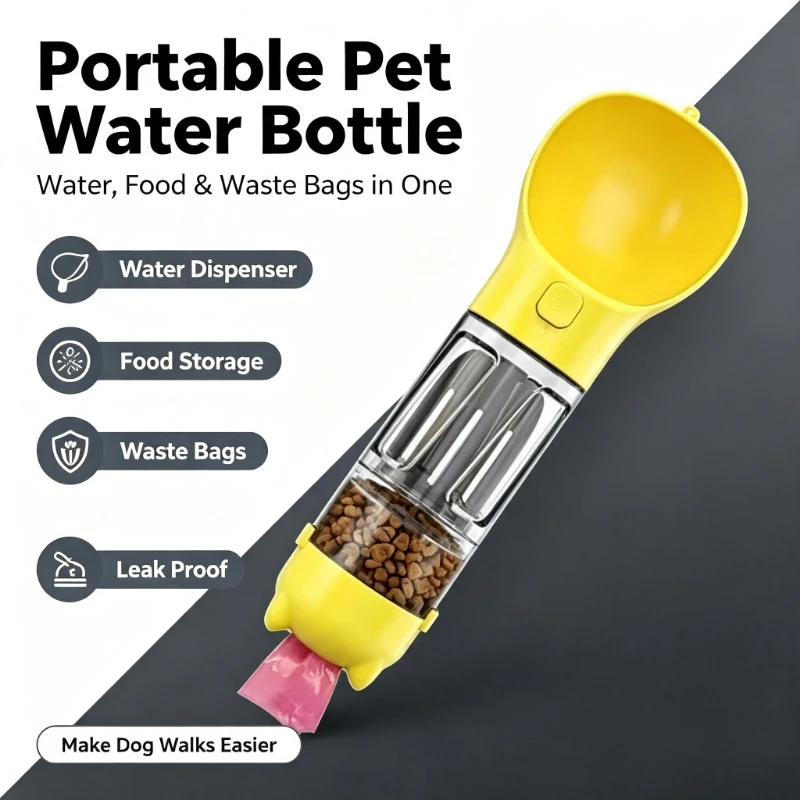 Portable 4-in-1 Pet Water Bottle With Food Storage, Poop Bag Dispenser, and Spoon. 300ml Capacity. Multifunctional Pet Outdoor Water Feeder, Integrated Water Bowl Snack Container Waste Bag Storage Portable Dog Travel Cup for Walking Hiking