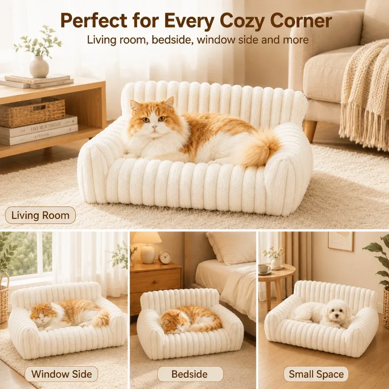Cute Cat Couch for Pets - Fluffy Cat beds with Premium Soft Corduroy Fleece, Fuzzy Cats beds for Indoor Cats with Removable Washable Cover, Supportive Pet Sofa