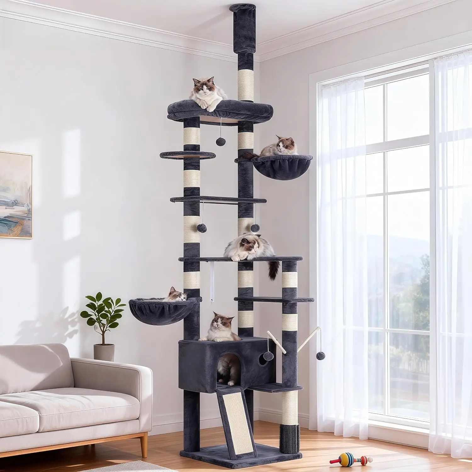 Adjustable Cat Tree, 98.4-110.2" Floor to Ceiling, Tall Climbing Tower with Scratching Posts, Smoky Gray