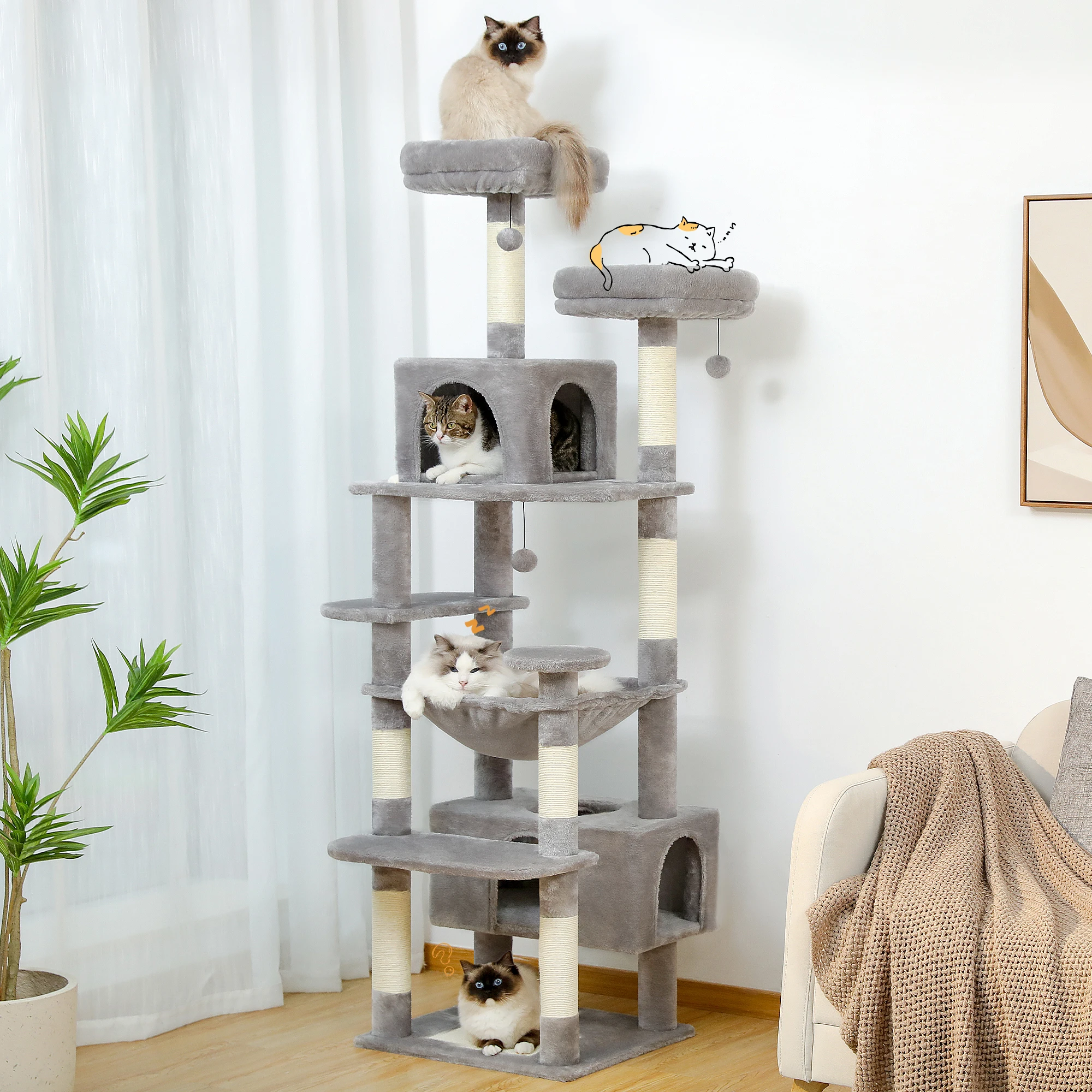 Large Cat Tree and Tower for Indoor Cats With Sisal-Covered Scratching Posts Spacious Hammock Padded Perches and Condos Cat Toys