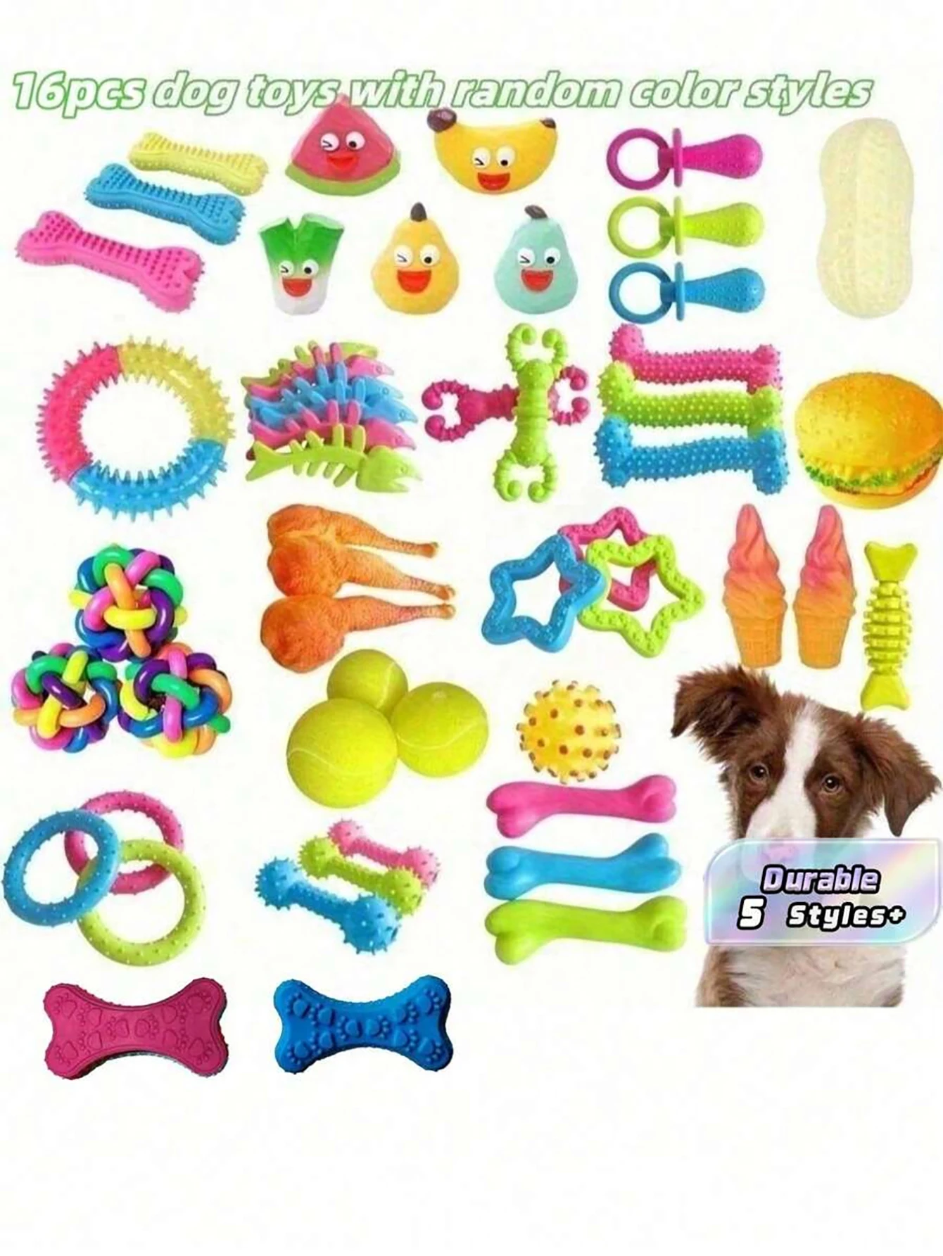 16-Piece Durable Chew Toy Set - Breathable Interactive Training Chew Toys for Spring and Summer Outdoor Use, Available in Various Shapes, Textures, Plastic Materials, Colors, and Styles, Suitable for Small and Medium-Sized Dogs. Large Dogs Have Strong Bite Force and Can Easily Damage Toys.