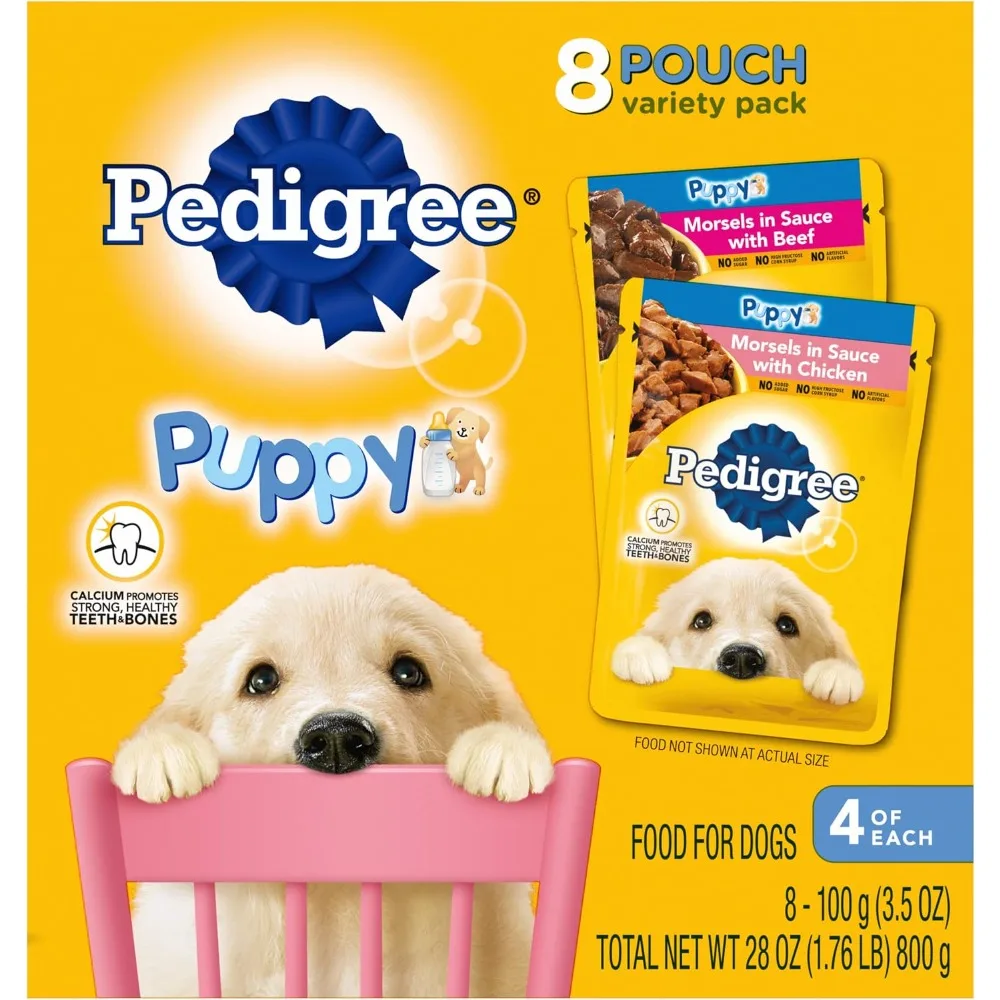 Moist Soft Puppy Wet Dog Food Variety Pack 8 Pouches Tender Beef Chicken Liver Flavor Grain-Free Small Bite Easy Digestion for Puppies