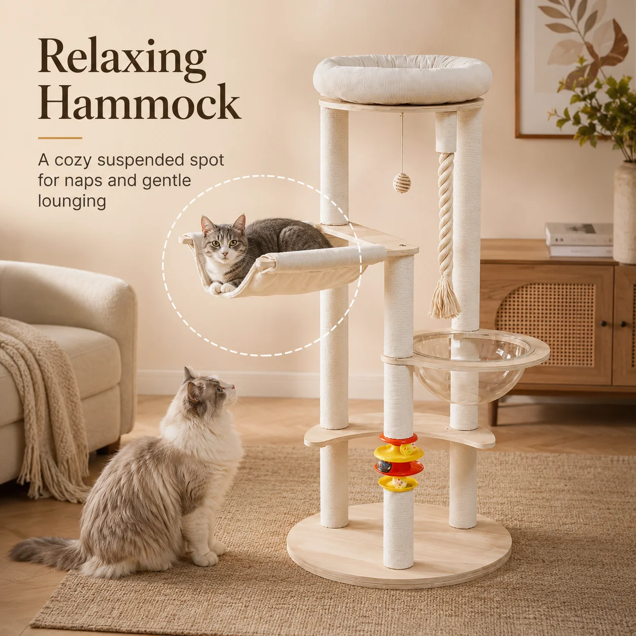 Multi-Functional Cat Tree Tower with Space Capsule, Hanging Ball, Scratching Posts, and Soft Condo - Sturdy Wooden Design for Kittens and Adult Cats, Cat Tree Tower