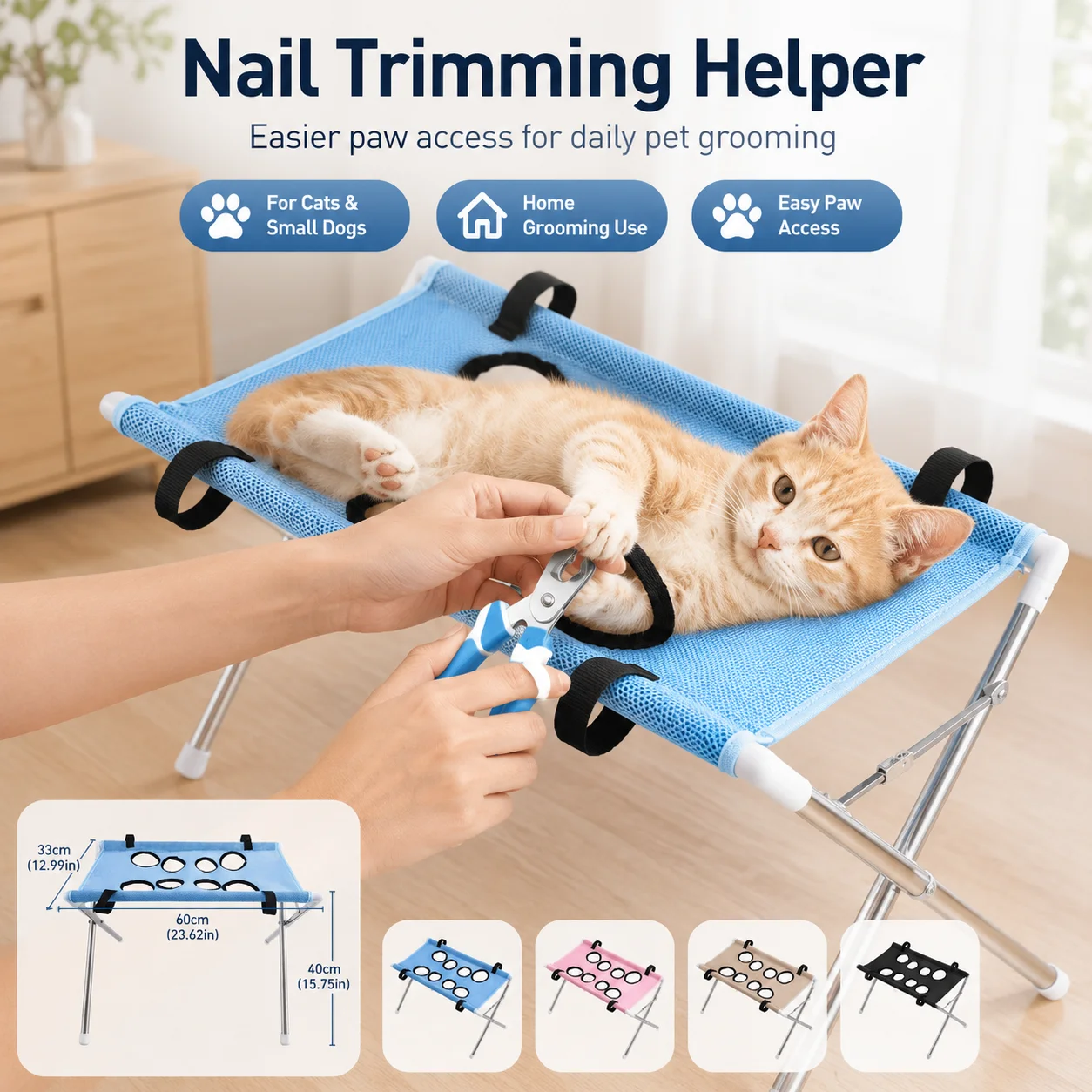 Foldable Pet Grooming Table 60cm Dog Cat Grooming Hammock Stand Multi Hole Mesh Nail Trimming Bathing Helper