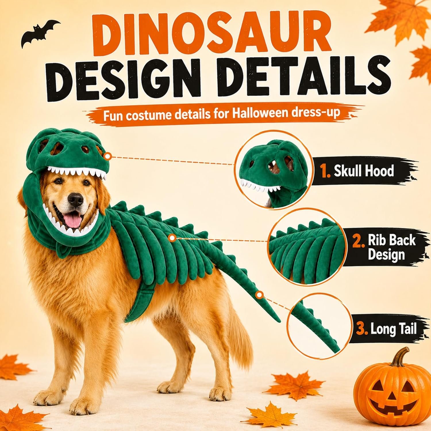 Dog Dinosaur Costume, Dog Halloween Costumes with Dinosaur Skeleton Design (Black,80cm/31.5in(M Dog)) - Image 3
