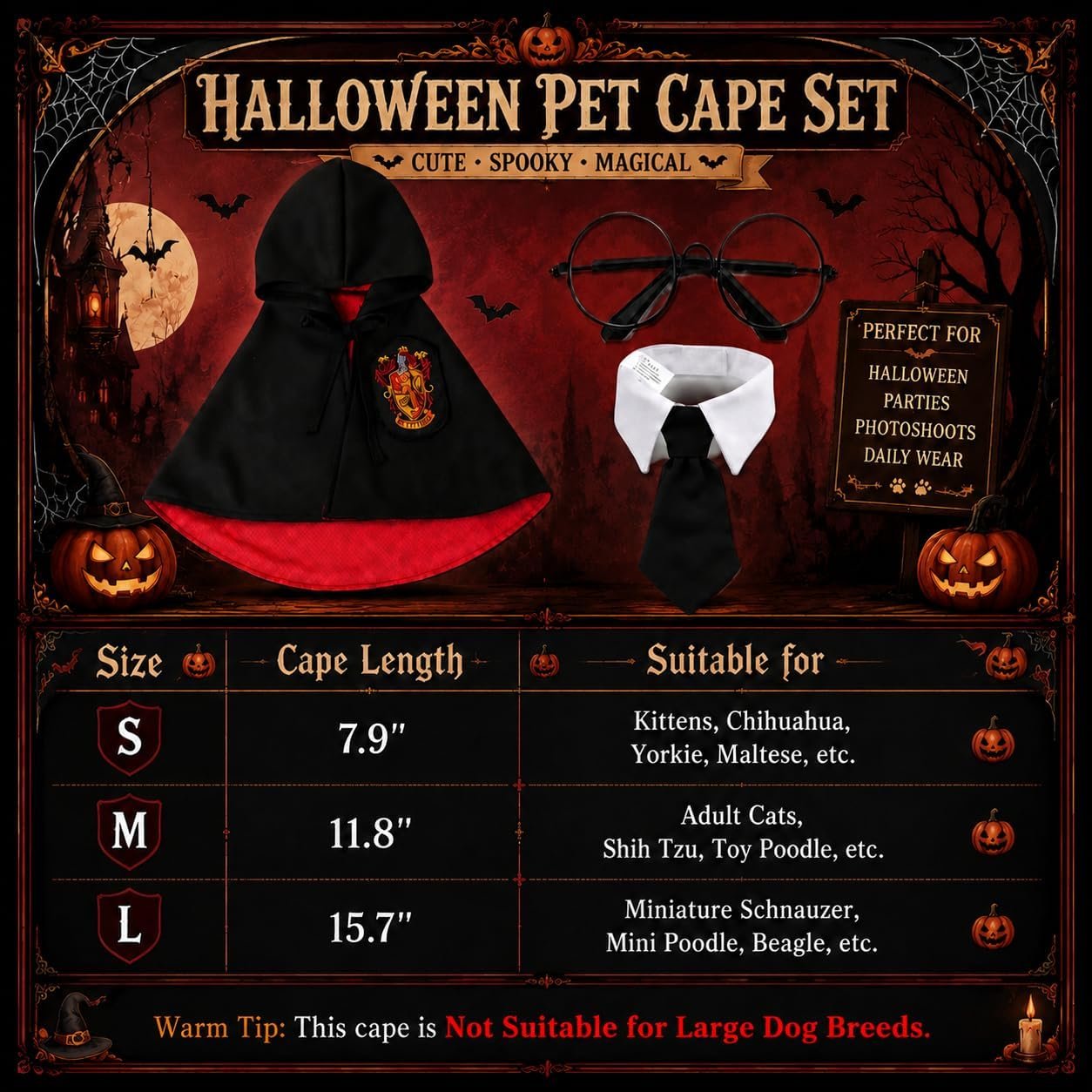 Small Dog Halloween Costumes - Adjustable Dog Cat Wizard Costume,Pet Hooded Cape Glasses Necktie Set,Puppy Kitten Halloween Costumes Boy Girl,Chihuahua Yorkie Clothes,Black Red Magician Cosplay Outfit - Image 5
