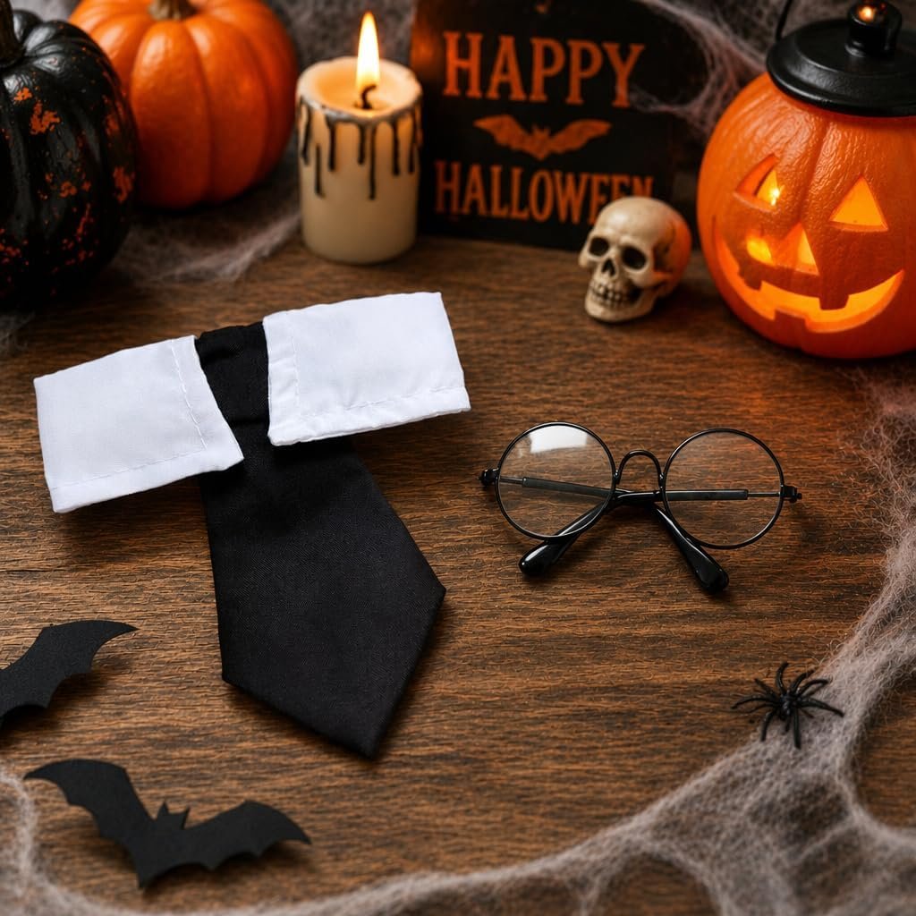 Small Dog Halloween Costumes - Adjustable Dog Cat Wizard Costume,Pet Hooded Cape Glasses Necktie Set,Puppy Kitten Halloween Costumes Boy Girl,Chihuahua Yorkie Clothes,Black Red Magician Cosplay Outfit - Image 4