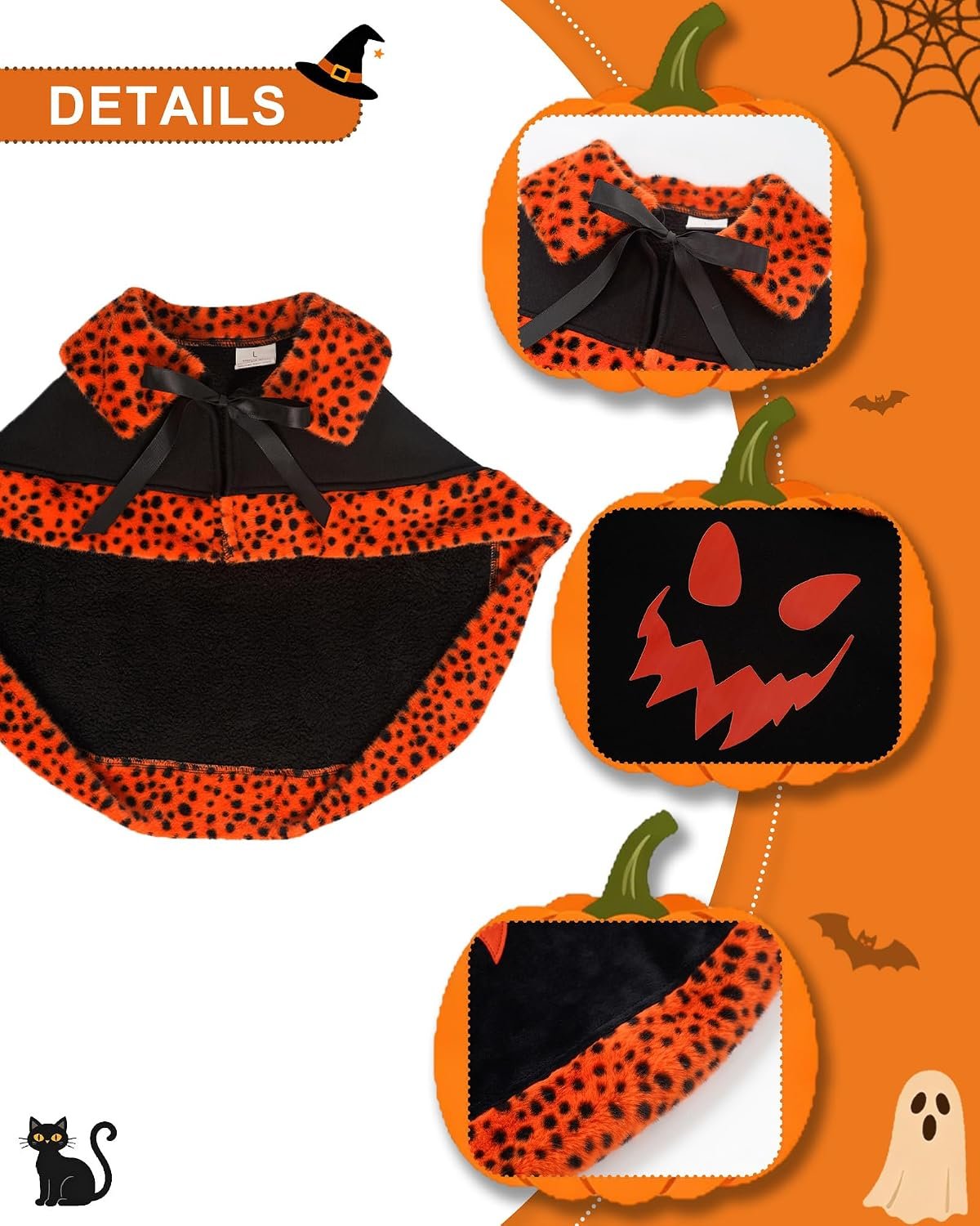 Dog Halloween Costumes, Small Dog Velvet Cloak, with Cute Halloween Pattern Funny Cape for Small Puppy and Kitten Cosplay Party.(Orange Medium) - Image 6
