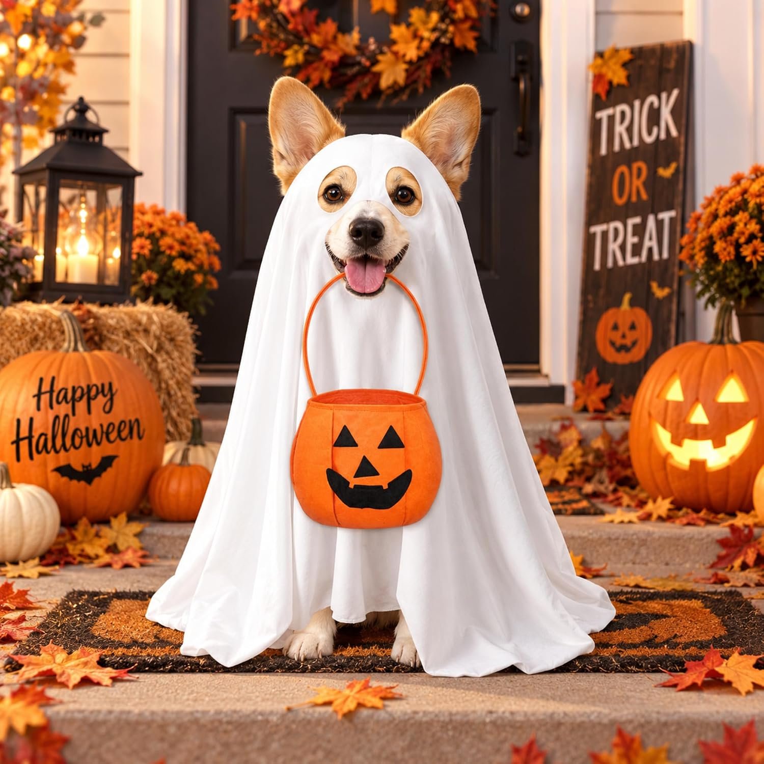 Huhumy 2 Pcs Halloween Dog Costumes with Non Woven Pumpkin Bags White Ghost Costume for Dog Cat Ghost Cosplay Clothes, Cute Party Cape for Halloween Cosplay Party (Giant) - Image 6
