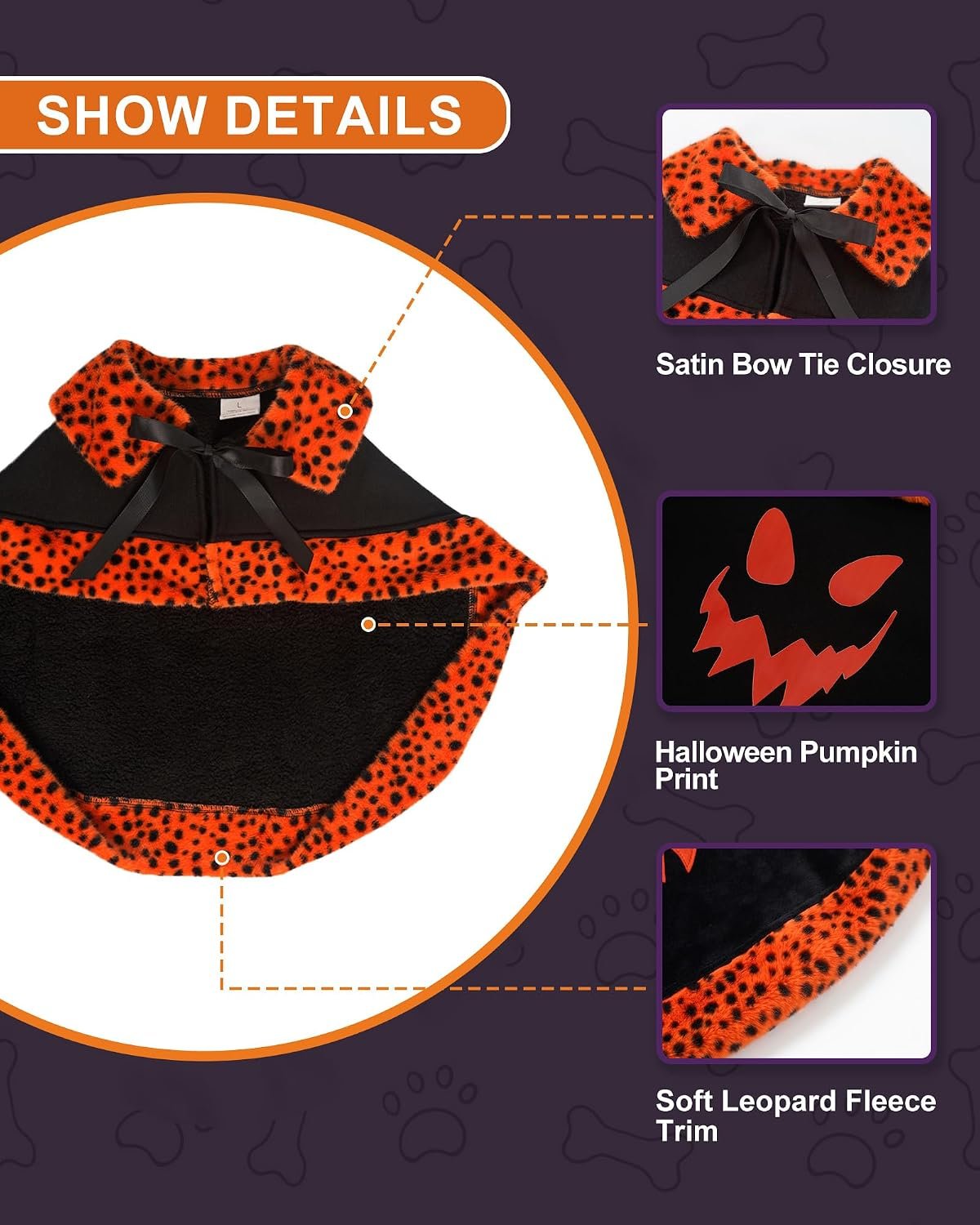 Dog Halloween Costumes, Small Dog Velvet Cloak, with Cute Halloween Pattern Funny Cape for Small Puppy and Kitten Cosplay Party.(Orange Large) - Image 5