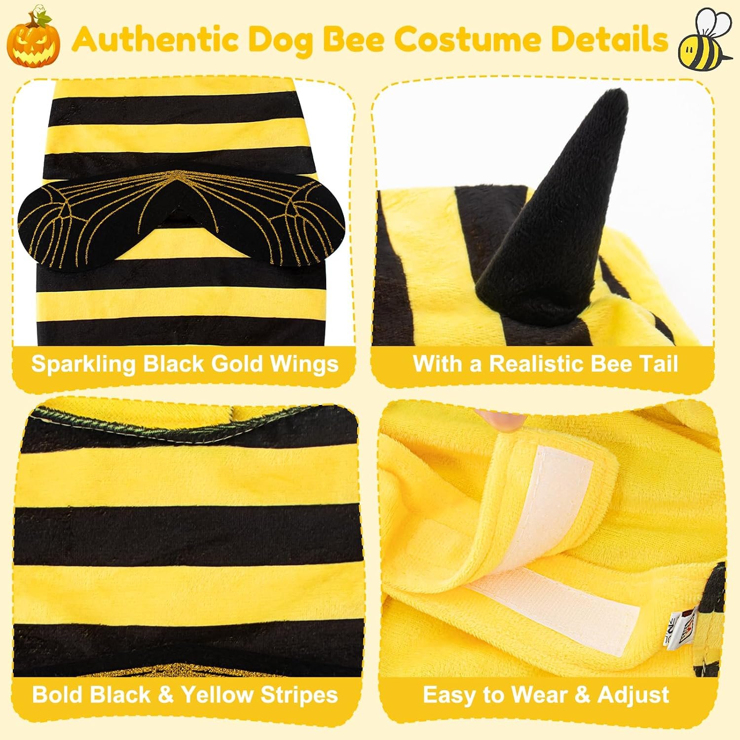 Bee Dog Costume Halloween Dog Costumes for Small Medium Dogs Cats, Bumblebee Pet Outfit with Antenna Hat Funny Pet Costumes Cosplay Clothes Christmas Birthday Party - Image 3