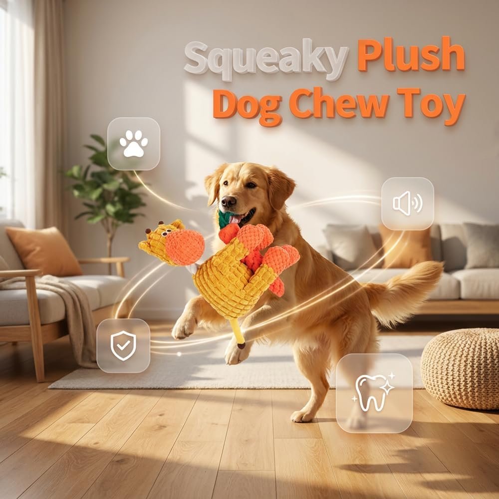 Indestructible Dog Toys for Aggressive Chewers, Squeaky Plush Chew Toy, (Yellow) - Image 2