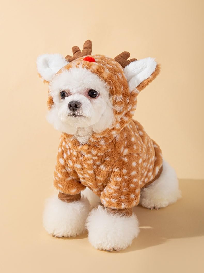 AZA Reindeer Dog Costume Fluffy Christmas Clothes Moose Coat Winter Pet Hoodies Puppy Girl Cute Coat Outfits for Small Dogs Costumes (L(Suitable:9lb-12lb),Moose Brown) - Image 4
