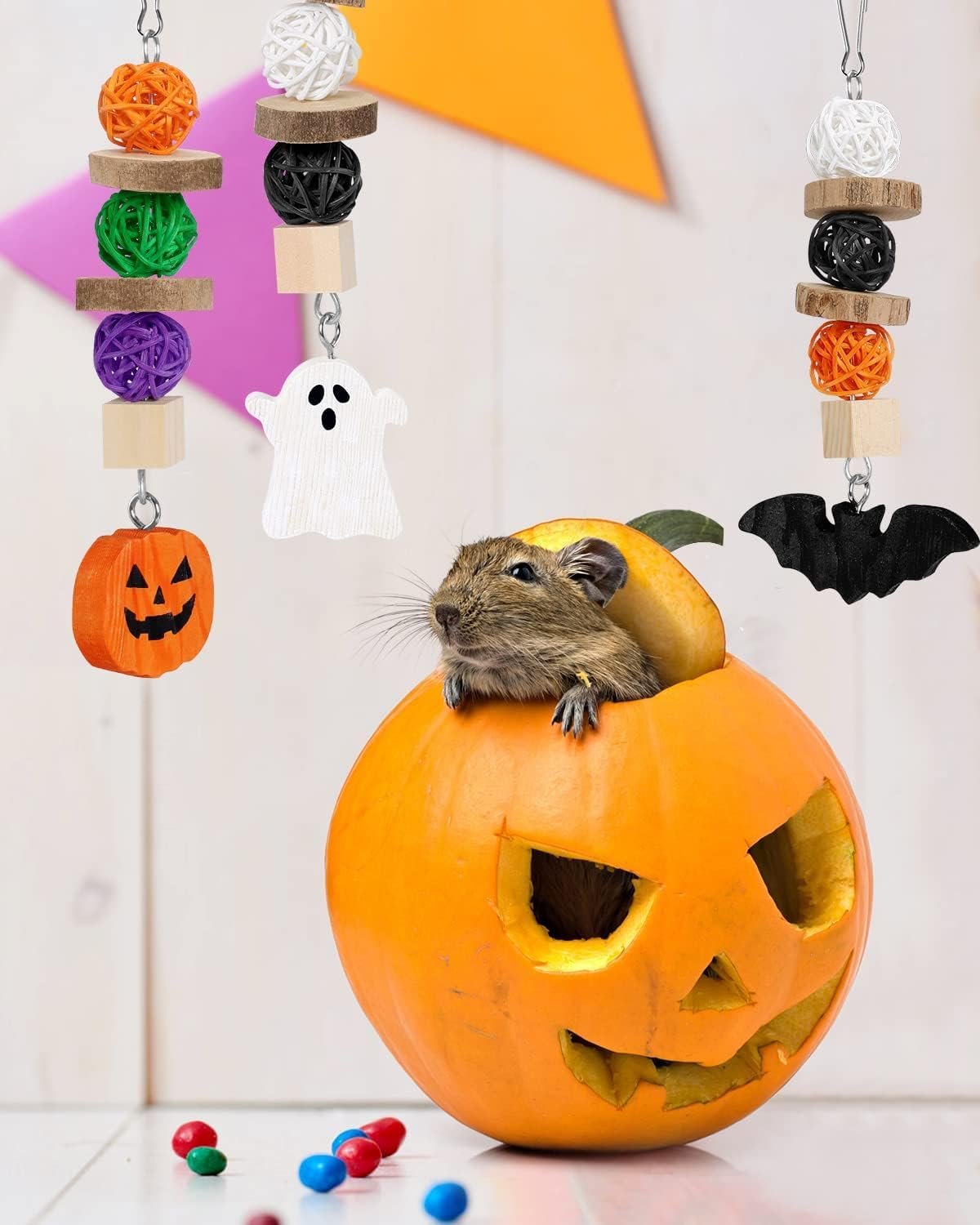 Xylolfsty 3PCS Chinchilla Toys Guinea Pig Bunny Rabbit Chew Toys Teeth Care Grinding Accessories for Small Animals Dwarf Pet Rat Cage Hanging Halloween-Themed - Image 7