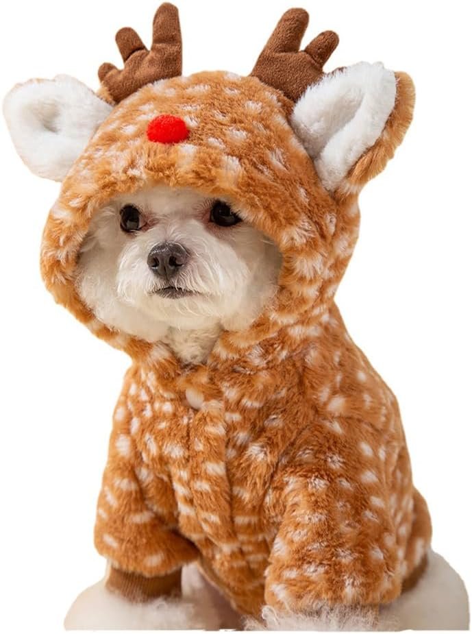 AZA Reindeer Dog Costume Fluffy Christmas Clothes Moose Coat Winter Pet Hoodies Puppy Girl Cute Coat Outfits for Small Dogs Costumes (L(Suitable:9lb-12lb),Moose Brown)