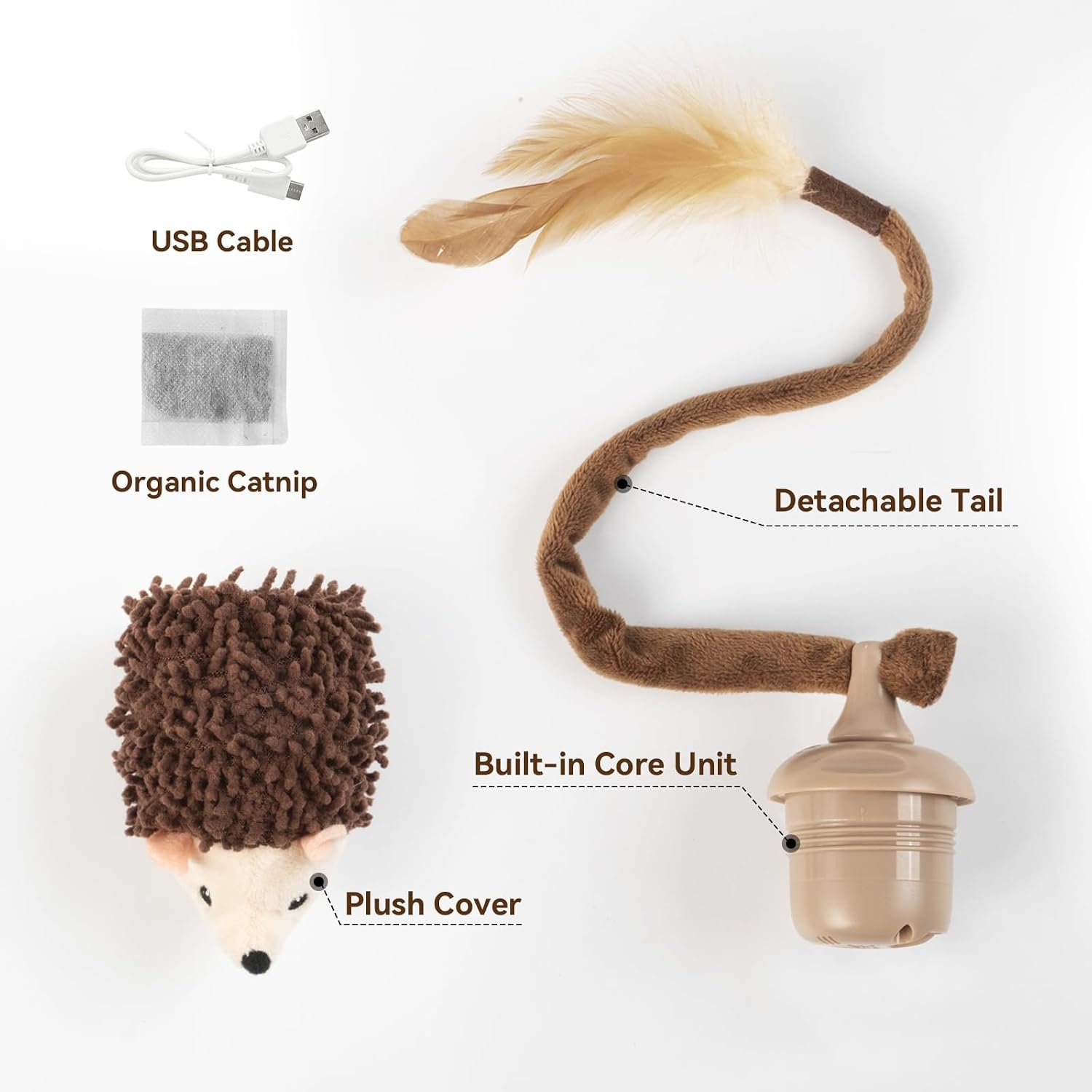 Migipaws Interactive Hedgehog Cat Toy 360° Rolling & Spin with Soft Plush Tail for Indoor Cats Smart Motion Sensor, Realistic Squeak, Rechargeable Plush Kitten Toy (Brown) - Image 7
