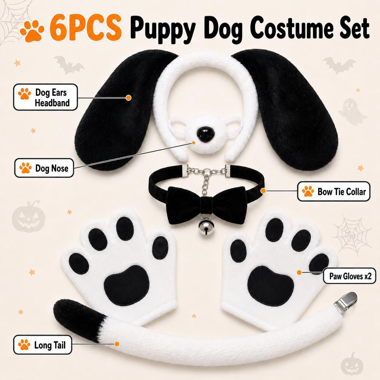 6PCS Puppy Dog Costume Set for Adults, Puppy Dog Ears Headband, Paw Gloves, Dog Nose, Tail, Bow Tie & Bell Collar, Halloween Dog Cosplay Costume Accessories - Image 2