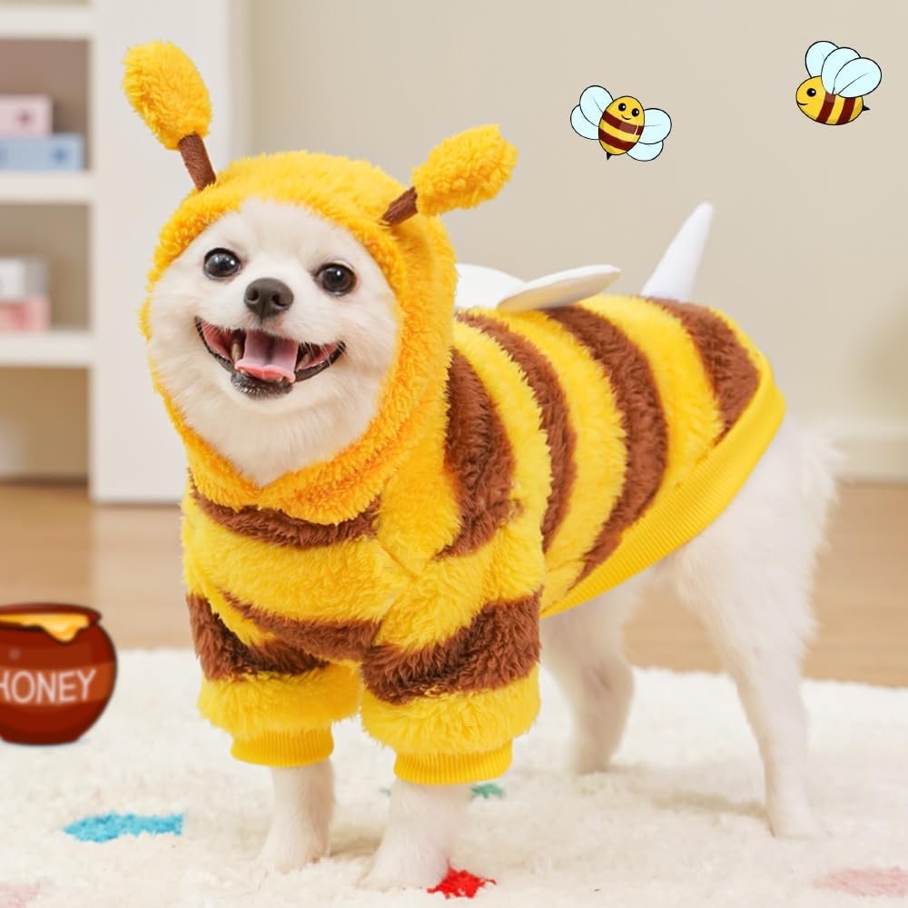 ANIAC Fleece Dog Hoodies with D-Ring Autumn Winter Puppy Clothes for Small Dogs Bumblebee Cat Apparel Cold Weather Coat Funny Doggy Bee Costume for Christmas Halloween (Yellow, Medium) - Image 5