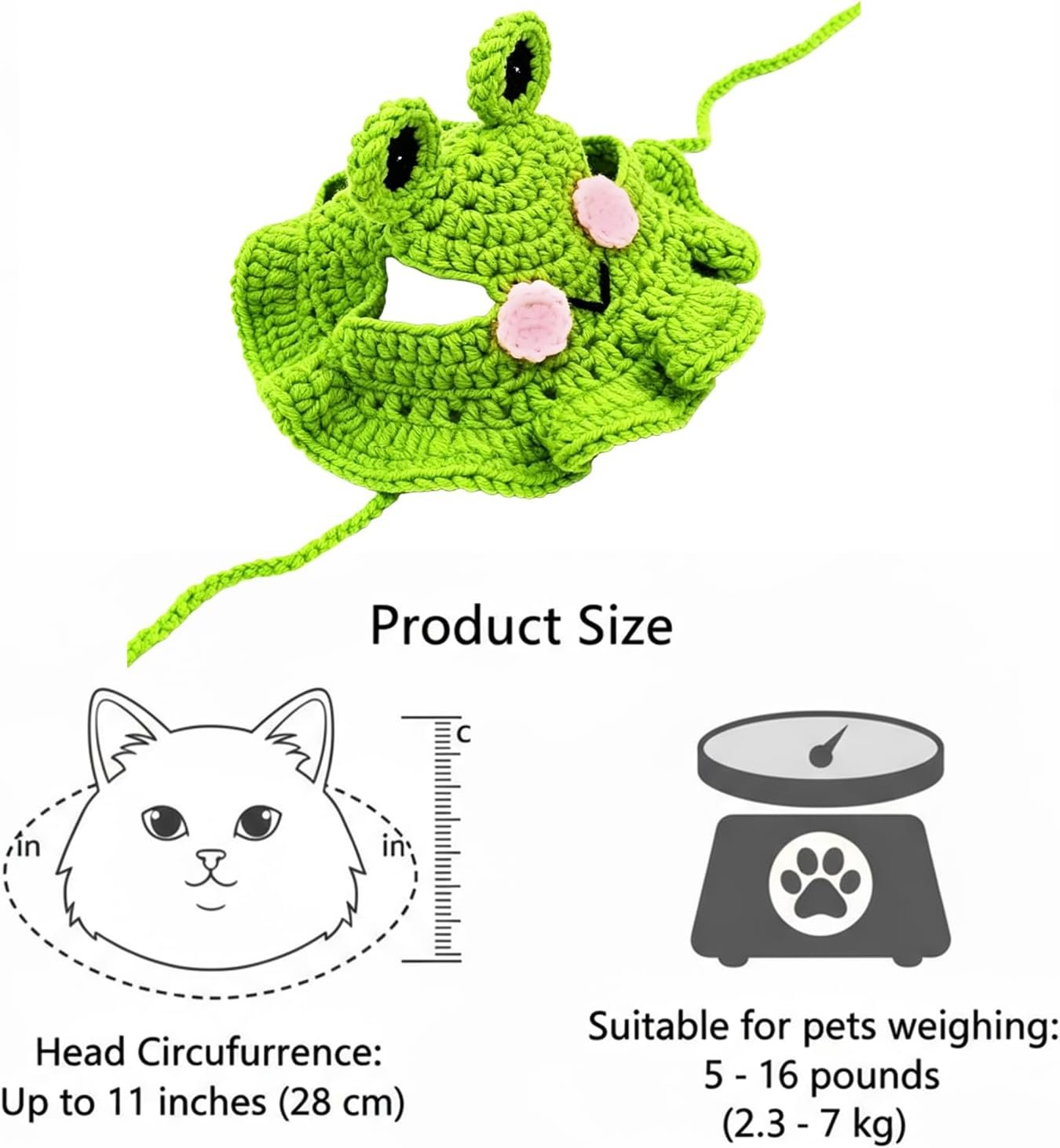 Cute Cat Hat Costume Suitable for 5 to16 lbs - Frog Cat Bonnet Head Circumference 11" or Less Cat Halloween Costumes Pet Photography Outfits - Image 7