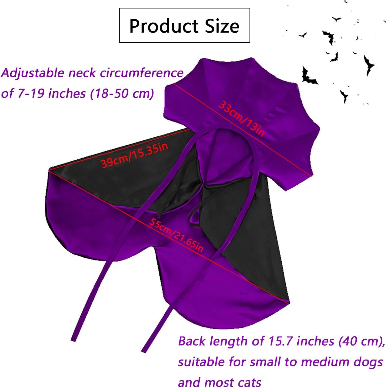 Qiansail Cat Cape Vampire Cloak Halloween Dog Costume Pet Cosplay Apparel Outfit Decor Accessories for Puppy Kitten, Black and Purple, Polyester, Adjustable 7-19 Inches - Image 5