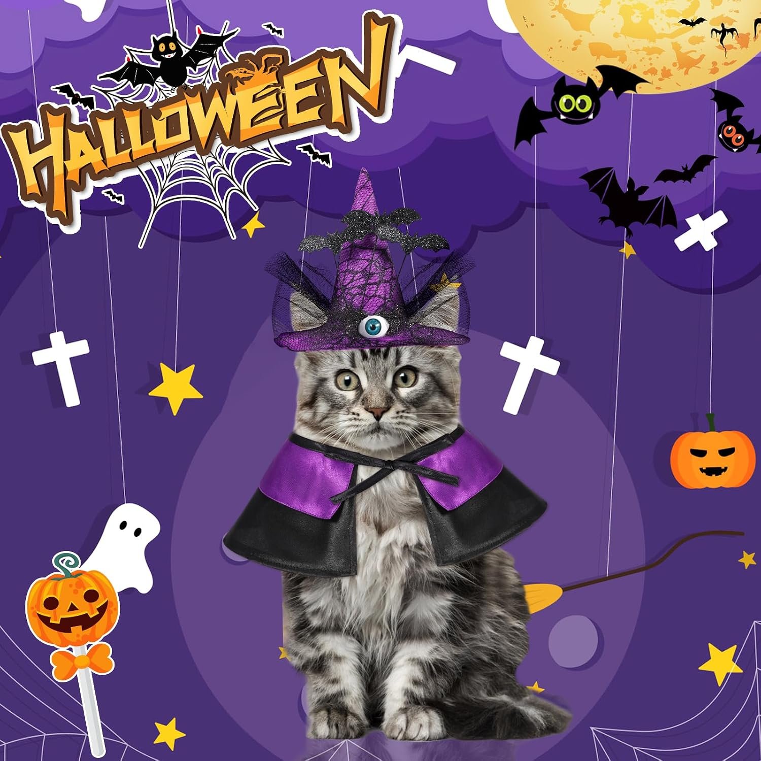 QKURT Halloween Pet Wizard Costume, Witch Cloak & Hat Set for Cats and Small Dog, Pet Cosplay Halloween Party Decoration(L) - Image 6