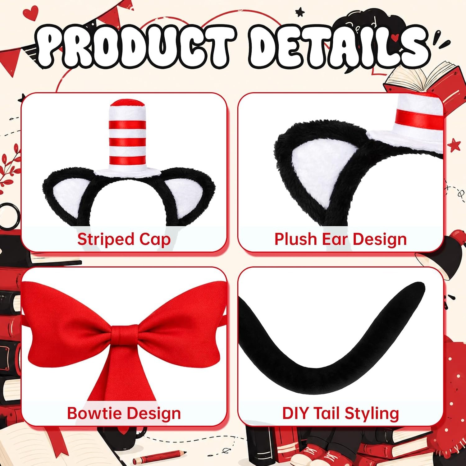 4 Pcs Cat Costumes Accessory White and Red Stripe Cat Costume for Read Book Day Costume Including Headband Gloves Bow Tie Tail Gloves for 100th Day of School Cosplay Halloween Party - Image 3